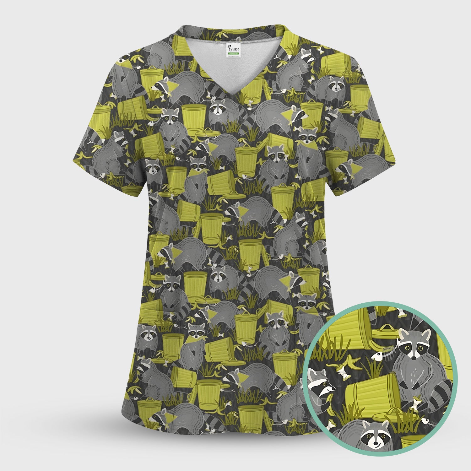 Cute Raccoon Trash Panda Pattern Scrub Top, Comfortable Scrubs for Nurses