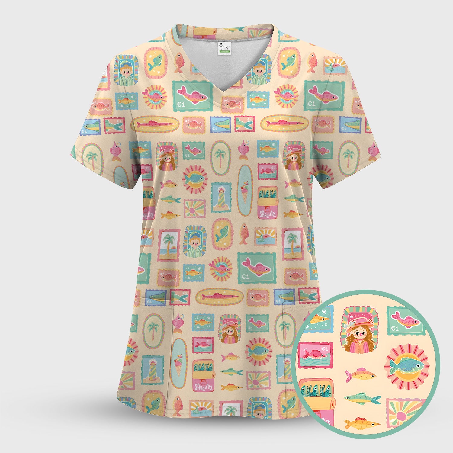 Coastal Vintage Postage Stamp Pattern Scrub Set, Scrub Pants and V Neck Top