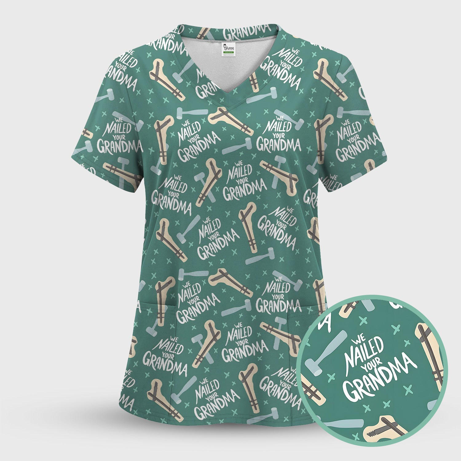 Funny Orthopedic Bone Hammer We Nailed Your Grandma Pattern Scrub Set, Scrub Pants and V Neck Top