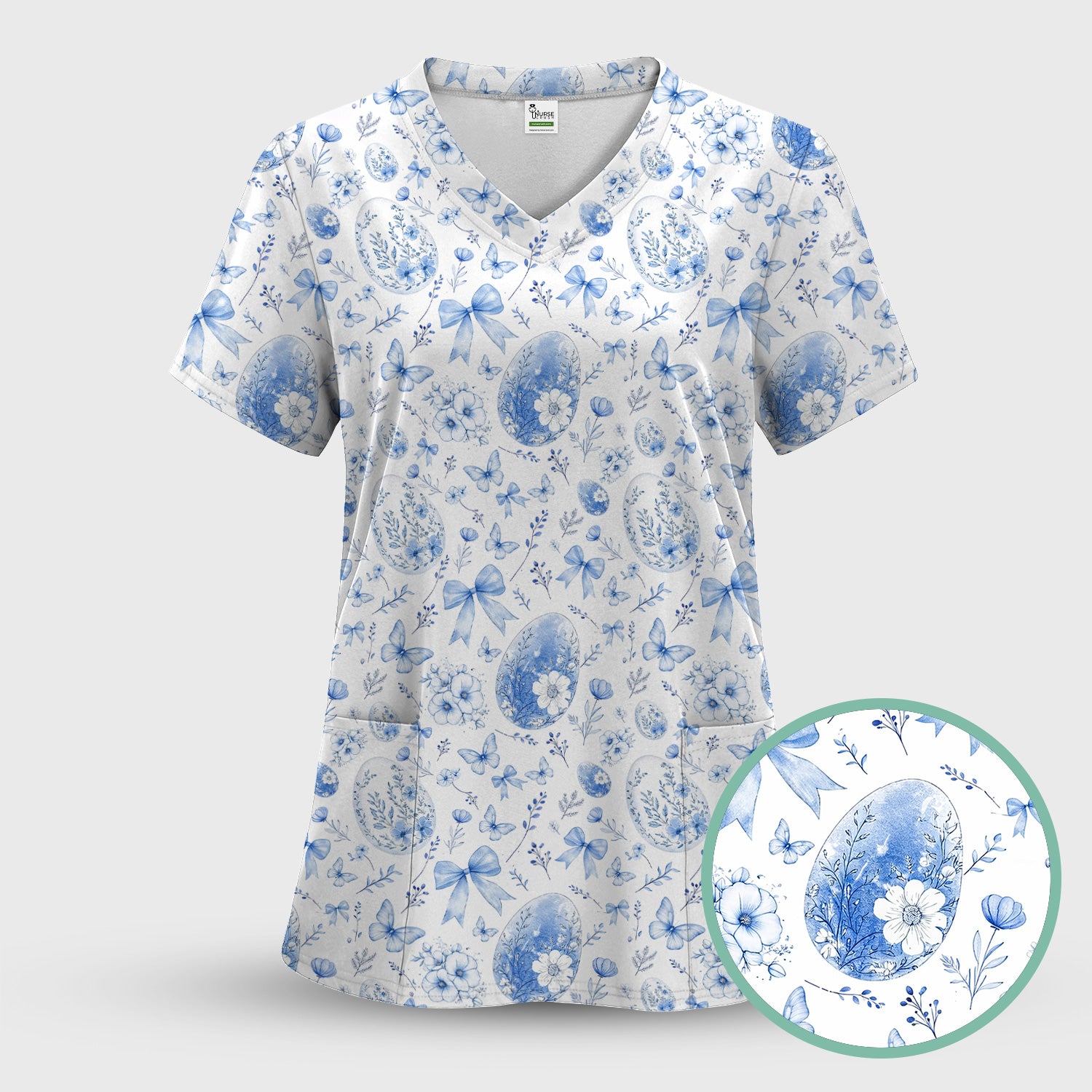 Butterfly Floral Bow Vintage Pattern Scrub Top, Breathable Fabrics Nursing Uniform