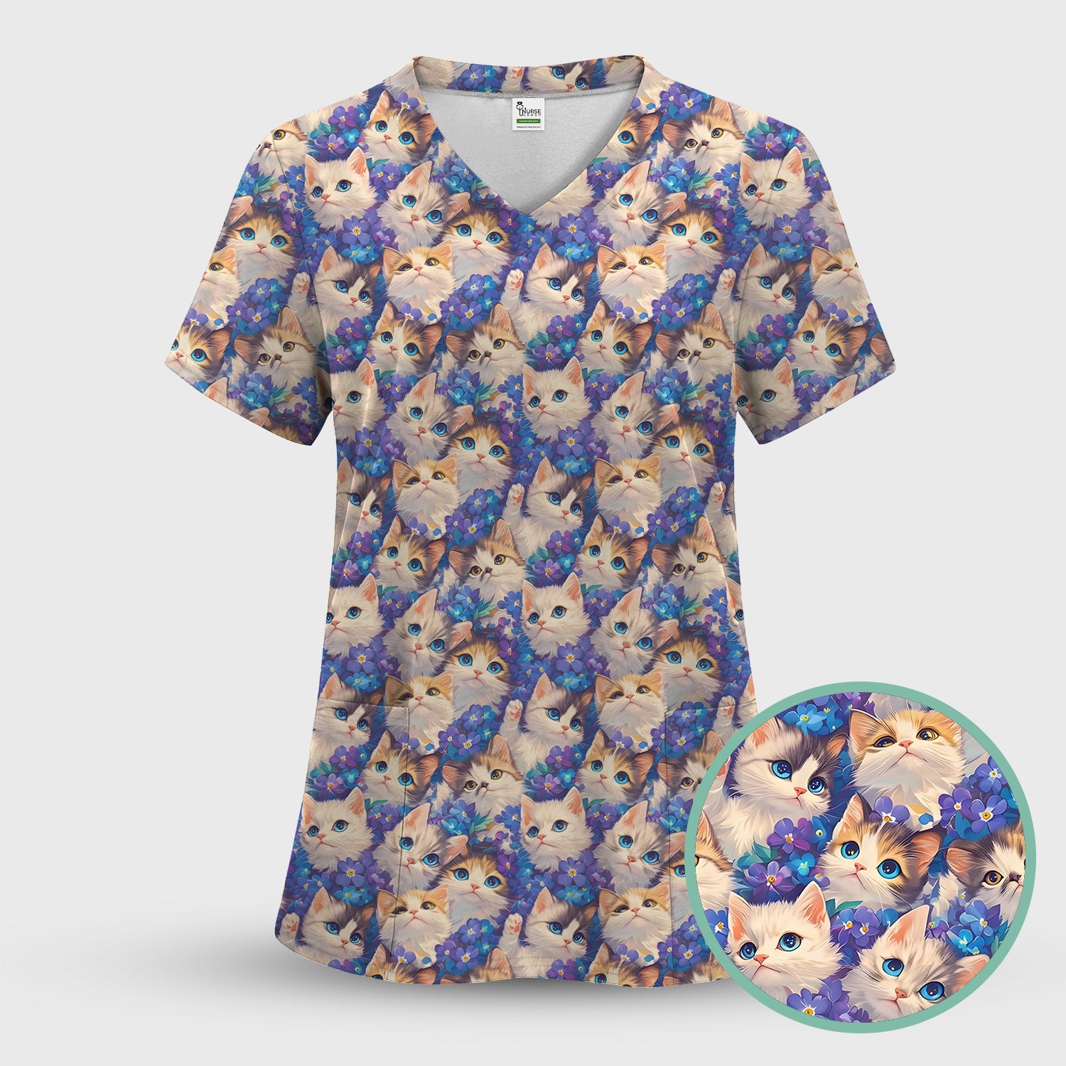 Cute Blue Eyed Kitten Pattern Scrub Top, Comfortable Scrubs for Nurses
