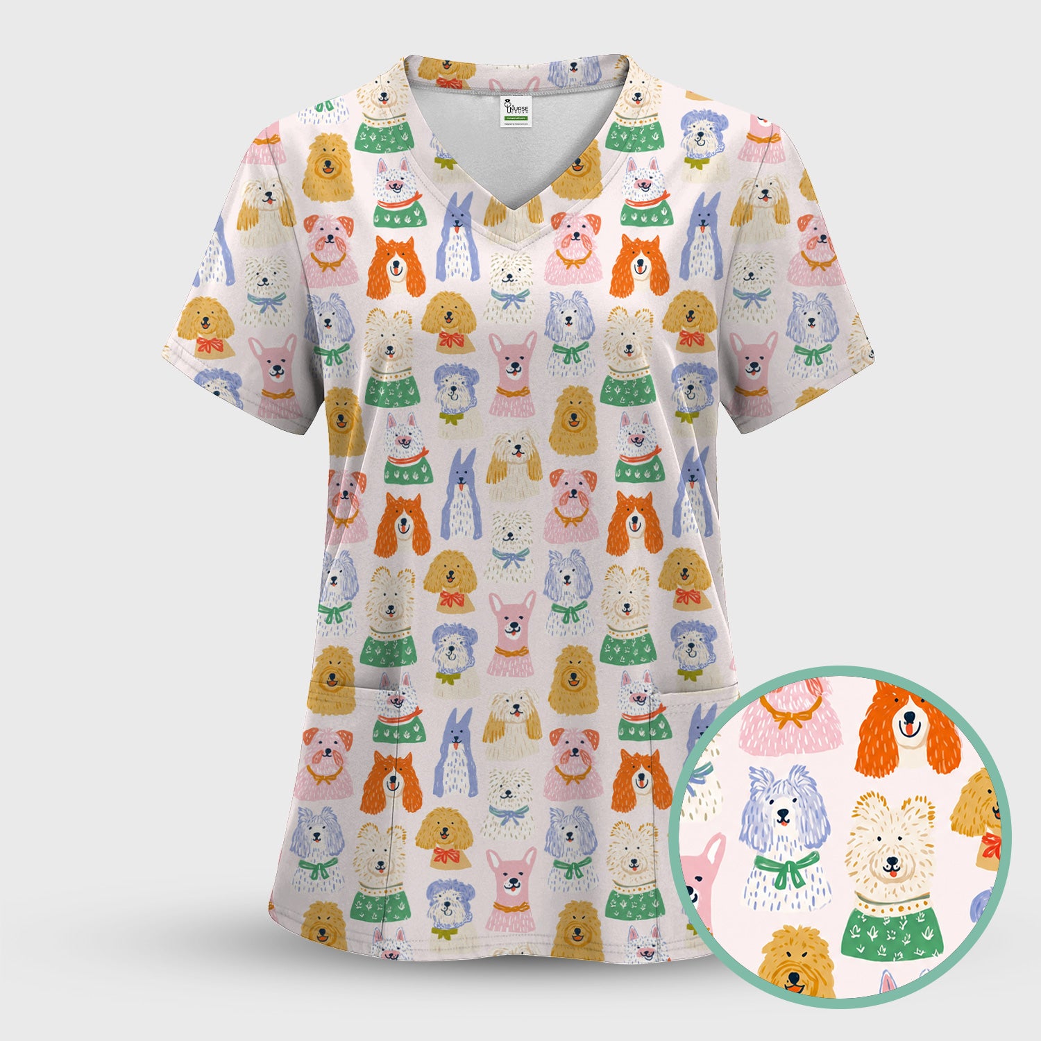 Colorful Dog Faces Cartoon Pattern Scrub Set, Scrub Pants and V Neck Top