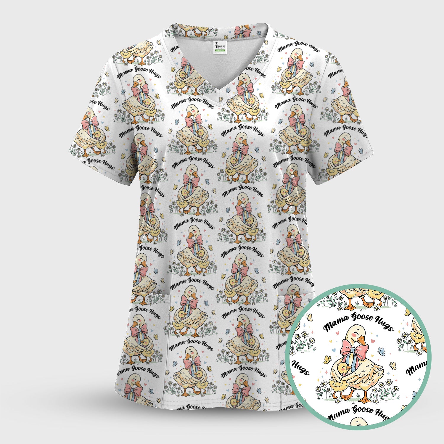 Cute Mama Goose Hug Pattern Scrub Top, Comfortable Scrubs For Nurses