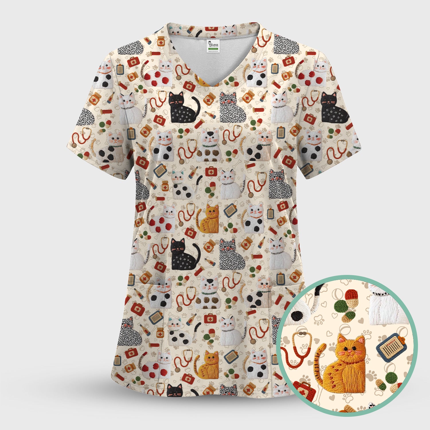 Cute Cat Scrub Top – Funny Veterinary Pattern Medical Shirt – Pet Lover Uniform For RN, LPN, CNA, and Vet Staff