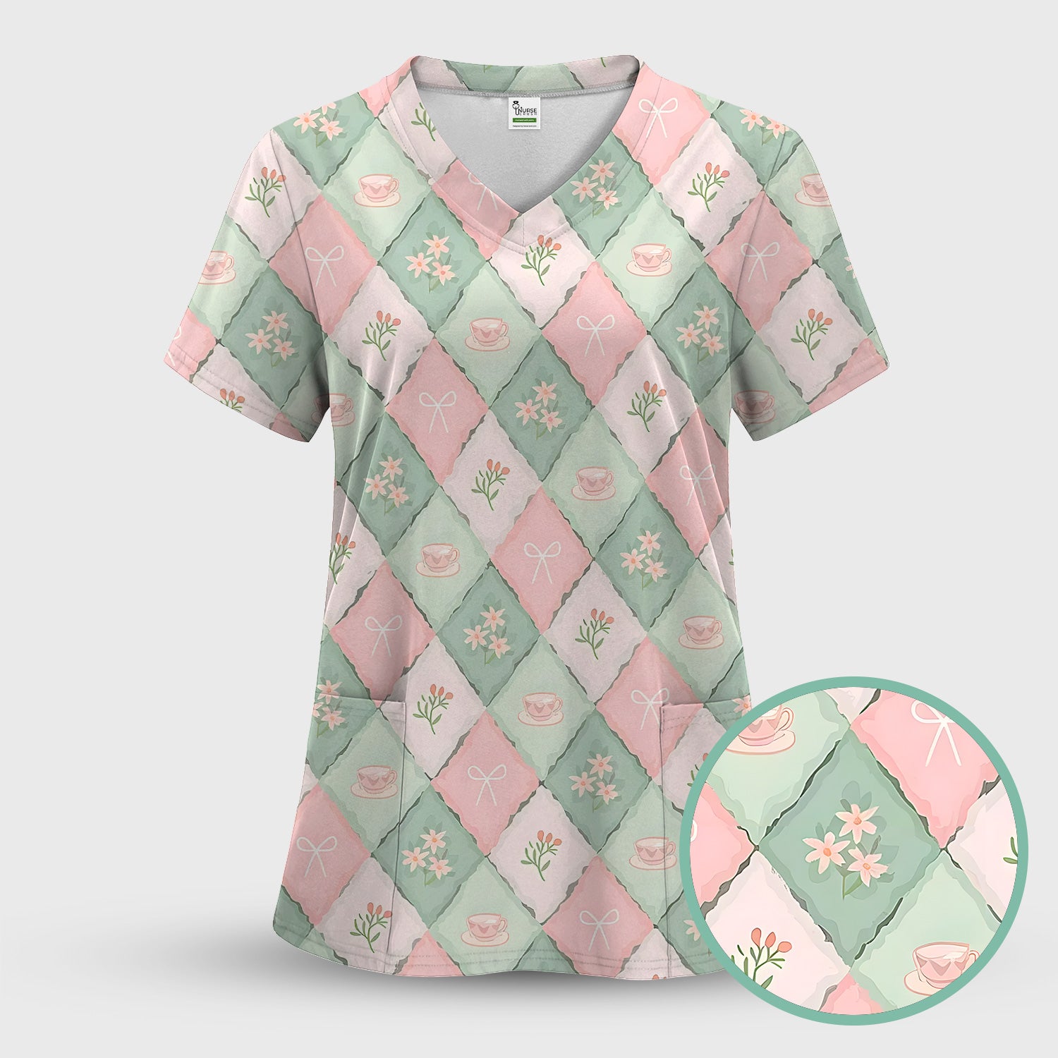 Flowers Tea Cups Pattern Scrubs Top, Comfortable Scrubs for Nurses