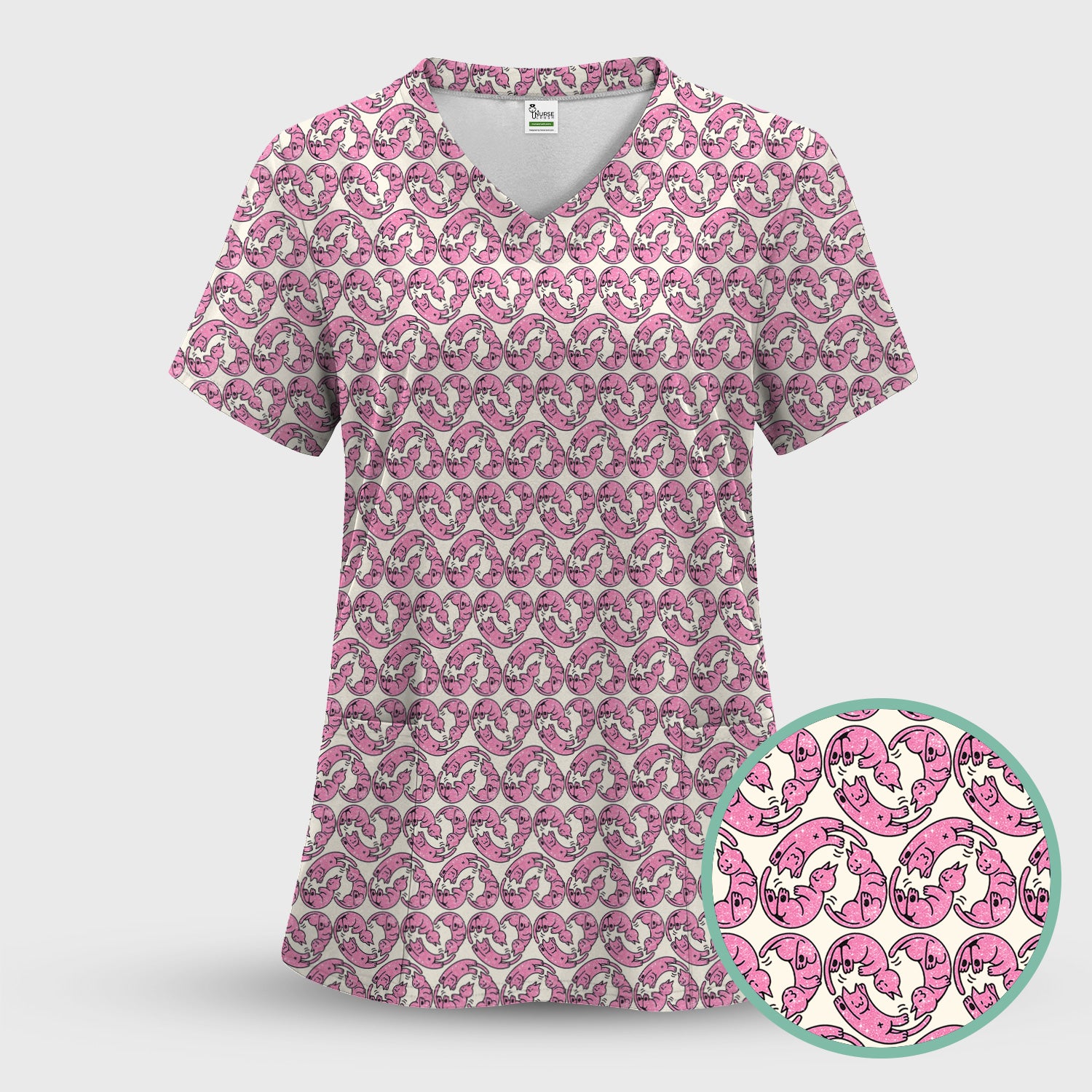 Cute Pink Cat Cartoon Pattern Scrub Top, Comfortable Scrubs for Nurses