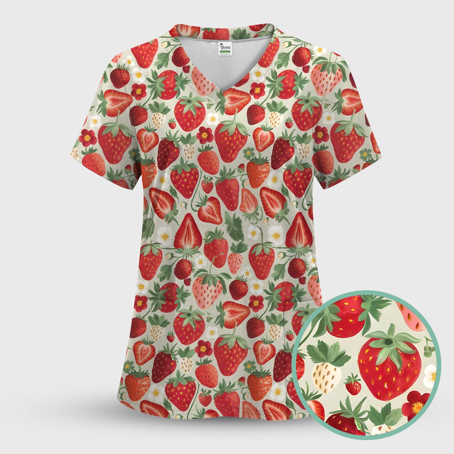 Fresh Strawberry Patter Leaves Scrub Sets, Scrub Pants and V Neck Top