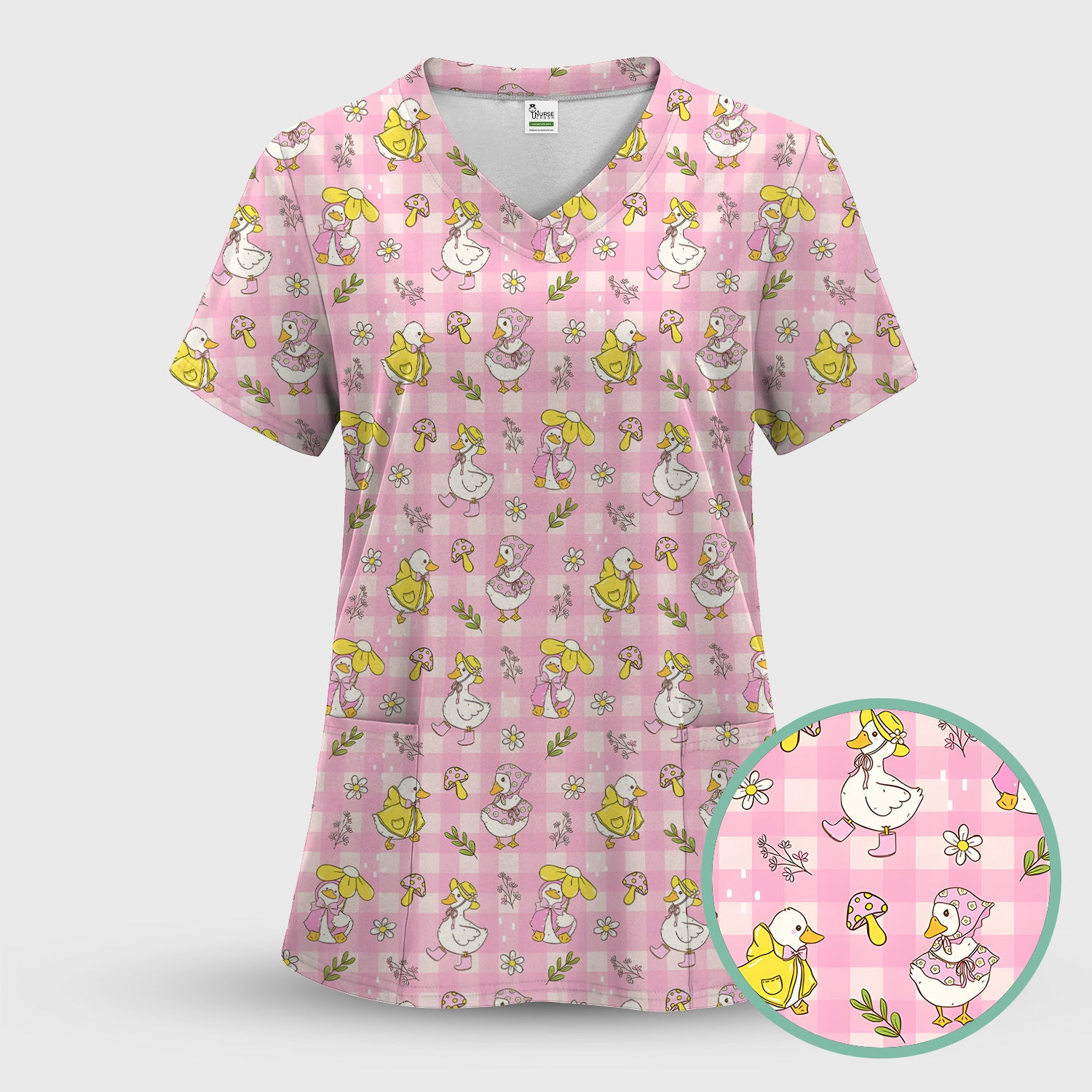Spring Duckling Gingham Pattern Scrub Top, Comfortable Scrubs for Nurses