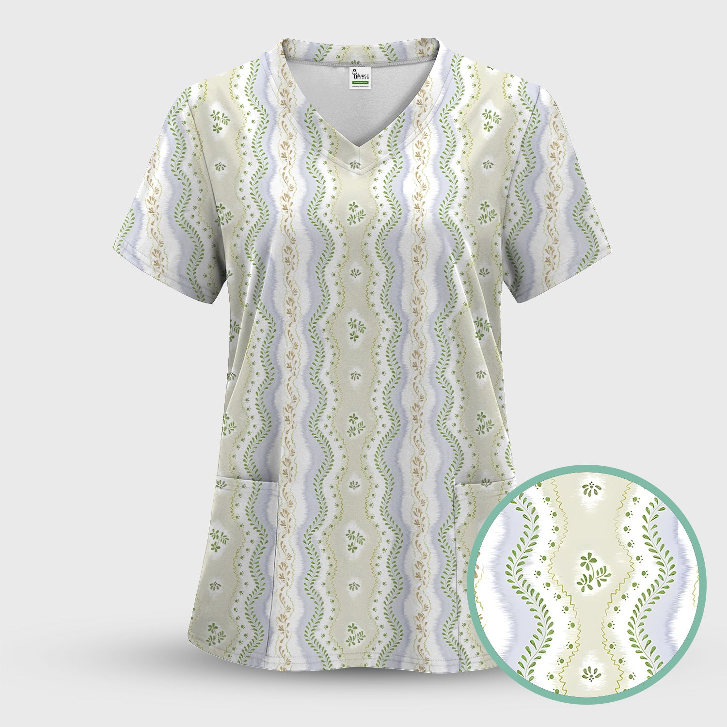 Wavy Stripe Botanical Pattern Scrub Set, Scrub Pants and V Neck Top