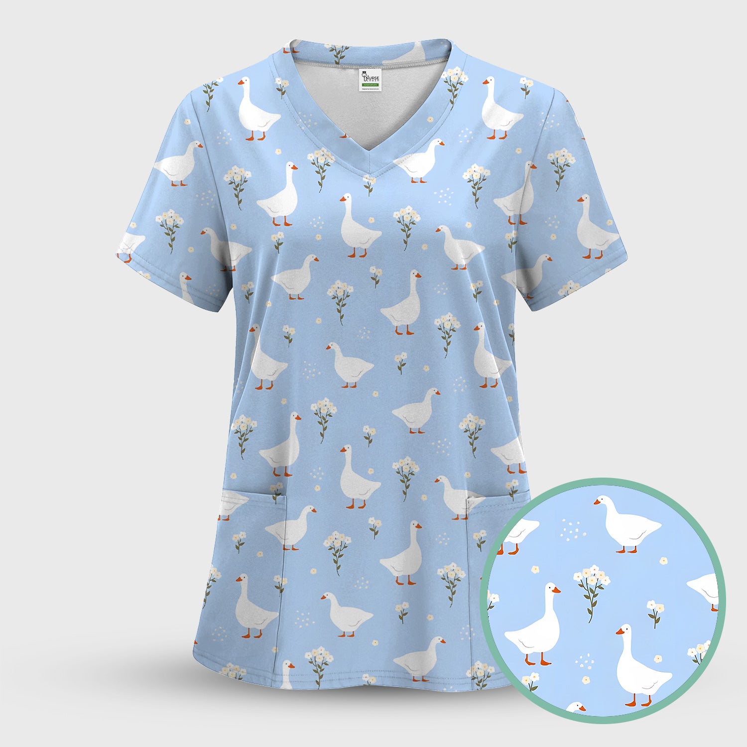 Blue Goose Floral Pattern Scrub Top, Comfortable Scrubs for Nurses