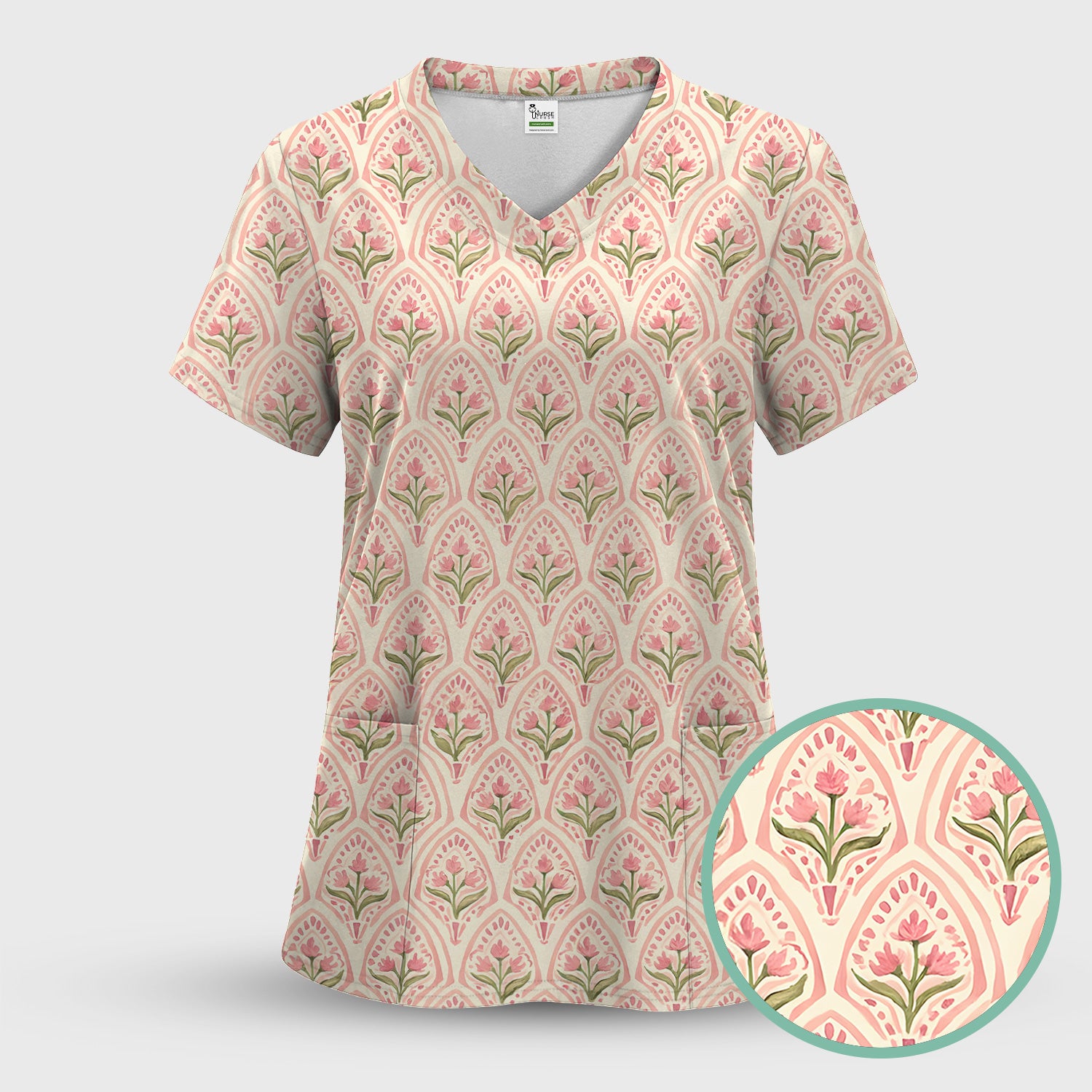 Pink Tulip Floral Arch Pattern Scrub Set, Scrub Pants and V Neck Top