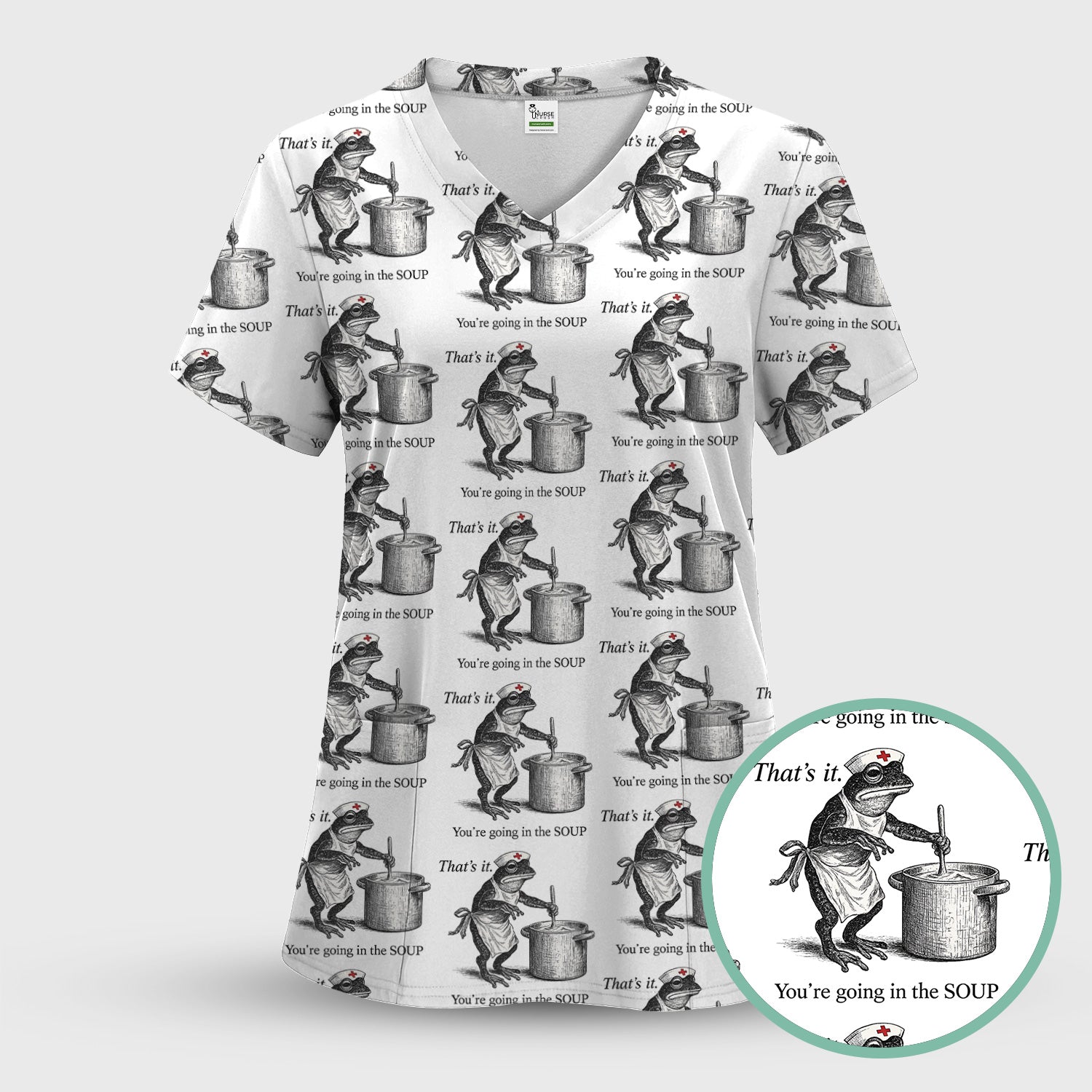 Funny Nurse Frog Cooking Soup Vintage Pattern Scrub Set, Scrub Pants and V Neck Top