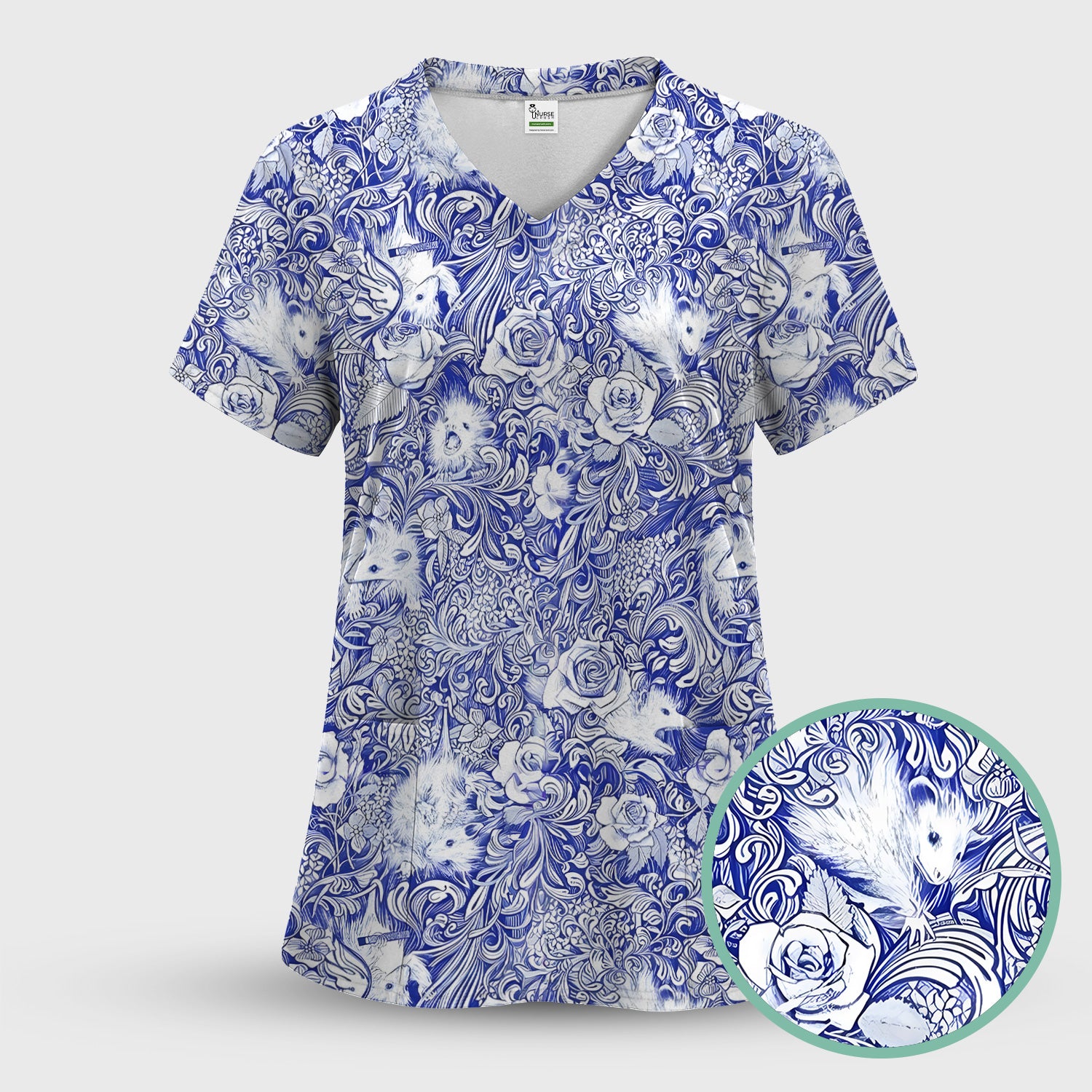 Blue Toile Porcupine Floral Pattern Scrub Set, Scrub Pants and V Neck Top