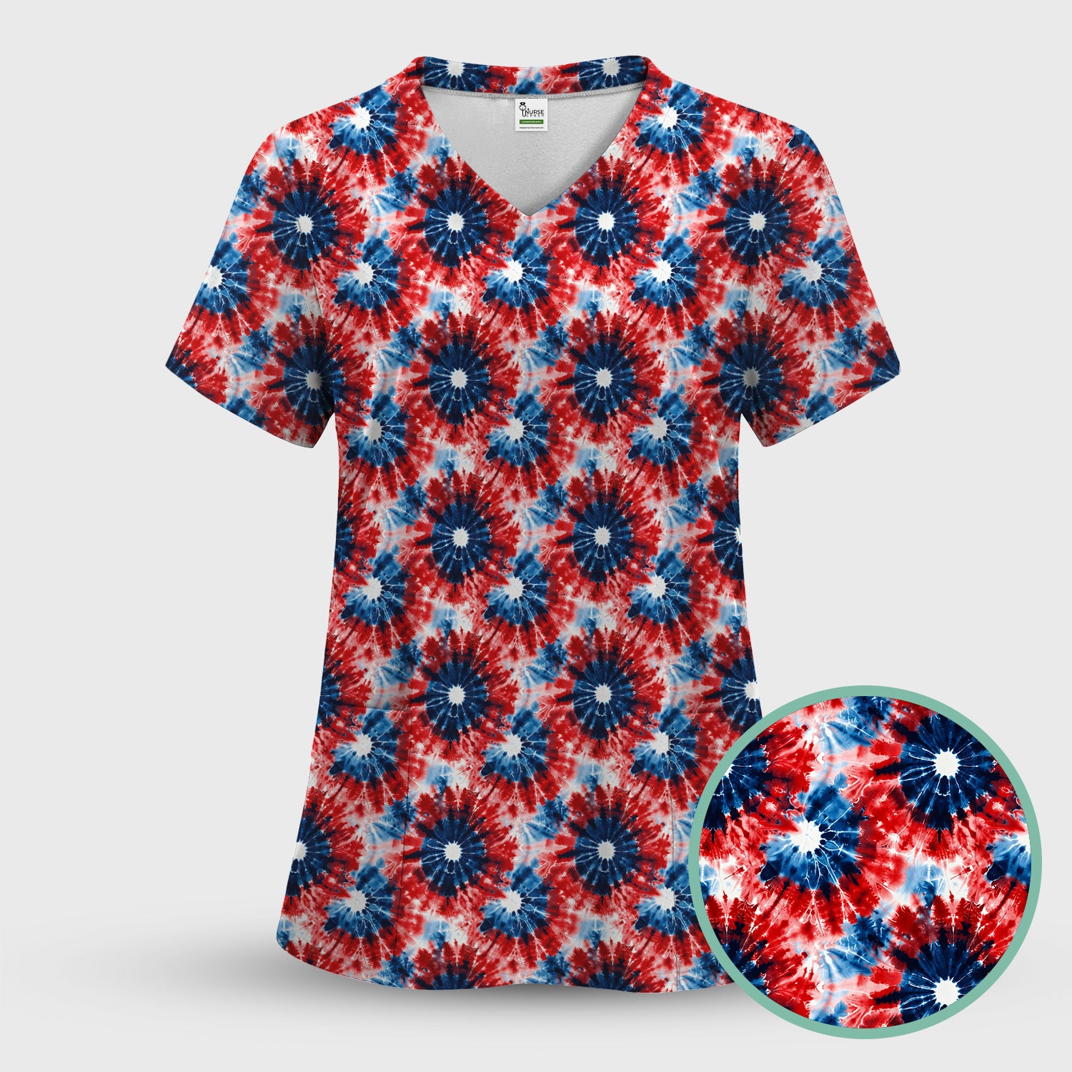 Festive Nurse Tie Dye Firework Burst Pattern Scrub Set, Scrub Pants and V Neck Top