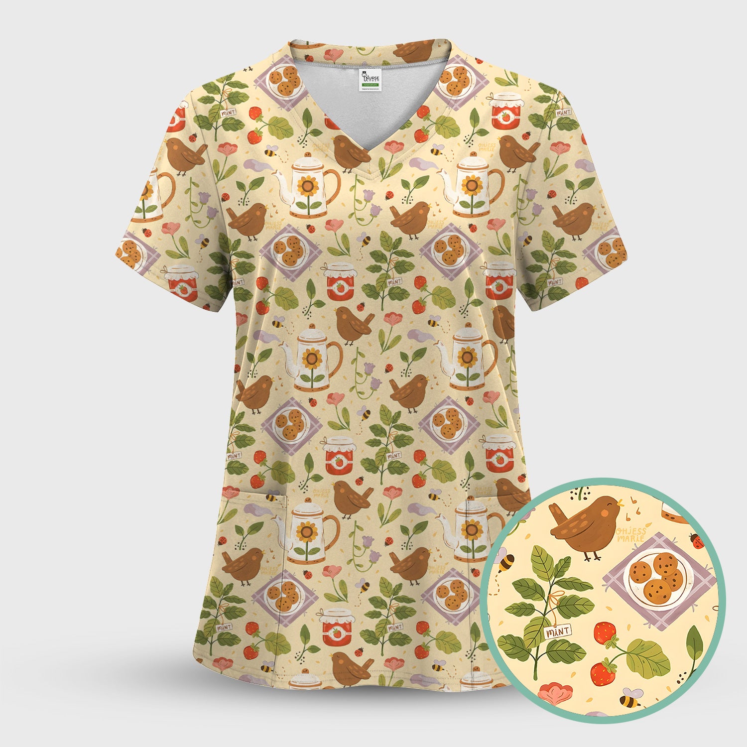 Cute Garden Tea Bird Strawberry Pattern Scrub Set, Scrub Pants and V Neck Top