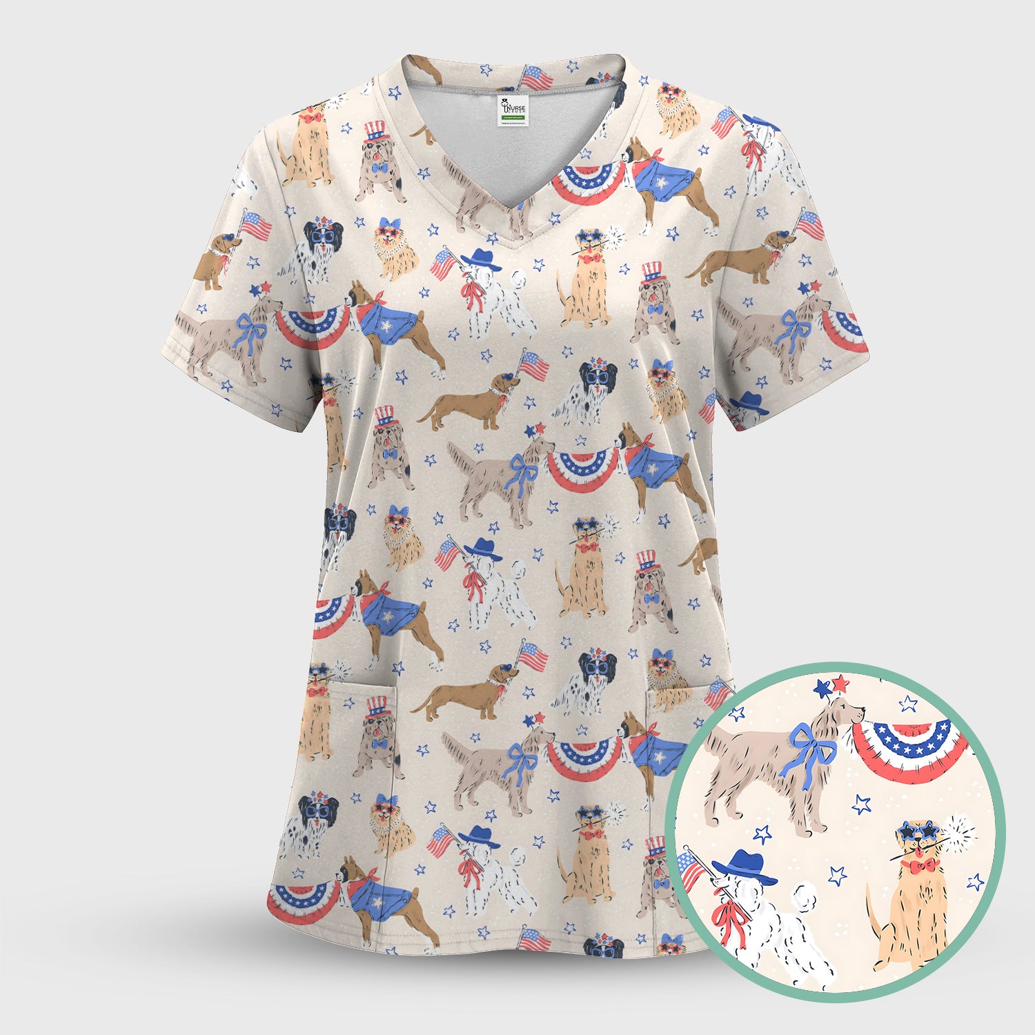 Patriotic Dog Parade Pattern Scrub Set, Scrub Pants and V Neck Top