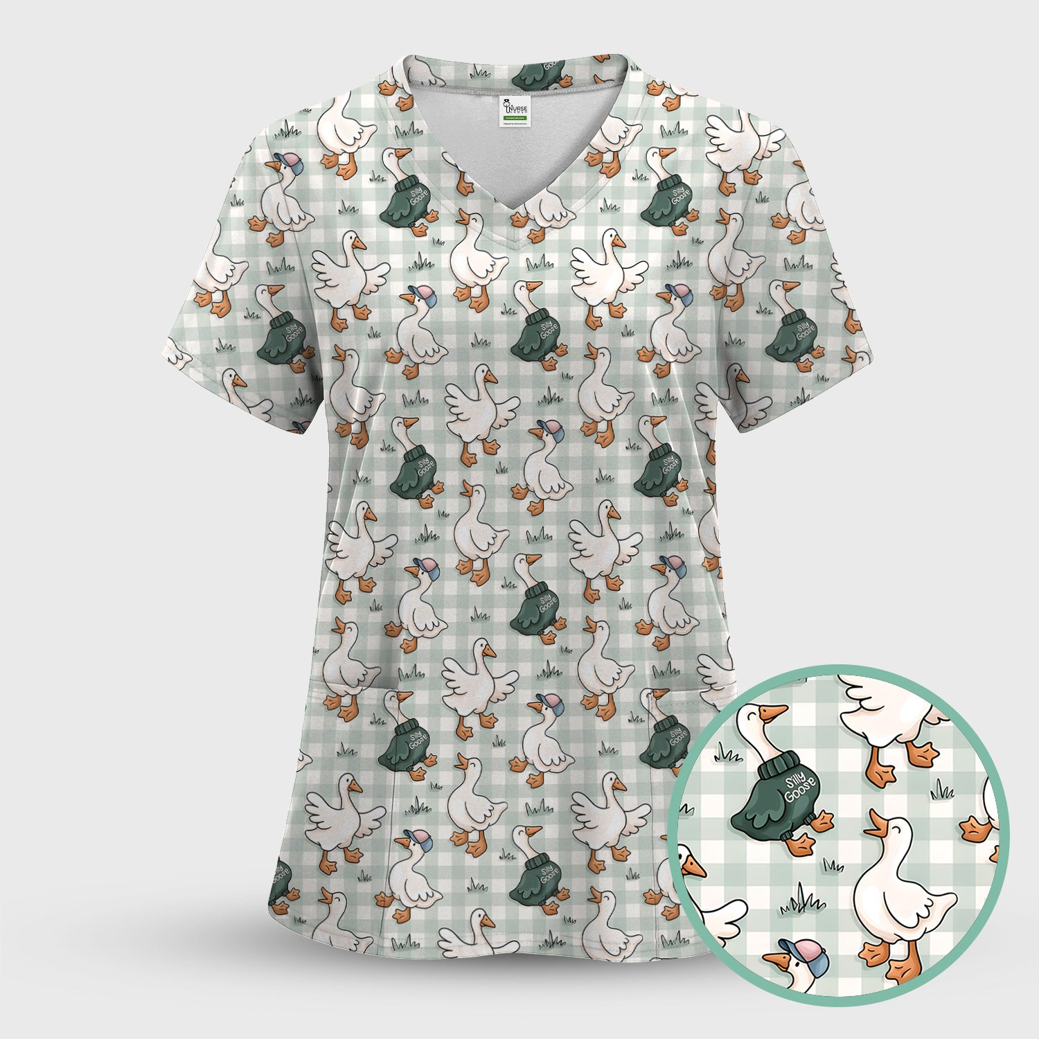Funny Goose Wearing Sweater On Plaid Background Pattern Scrub Top, Comfortable Scrubs for Nurses
