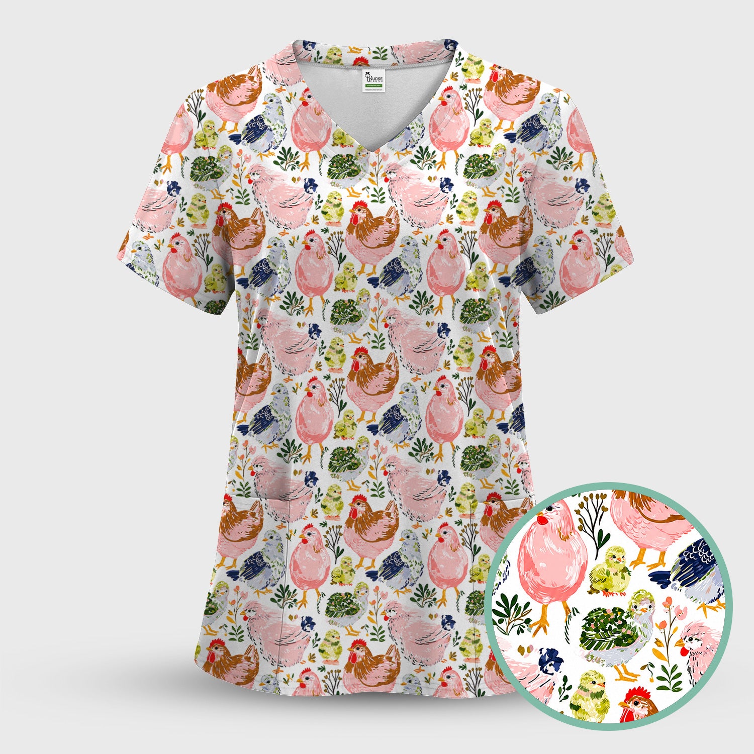 Cute Farm Chicken Hen Chick Pattern Scrub Top, Comfortable Scrubs for Nurses