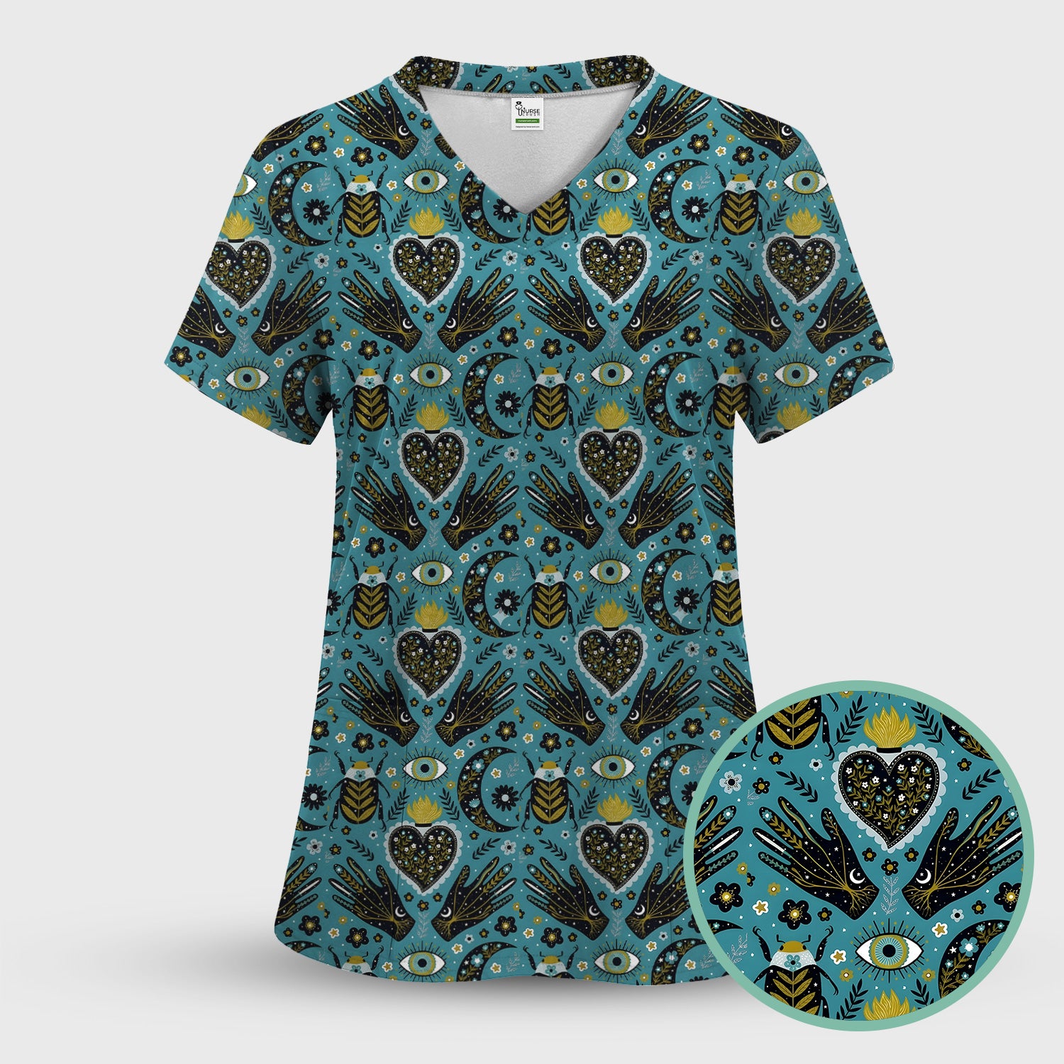 Mystic Celestial Heart & Evil Eye Pattern Scrub Set, Scrub Pants and V Neck Top