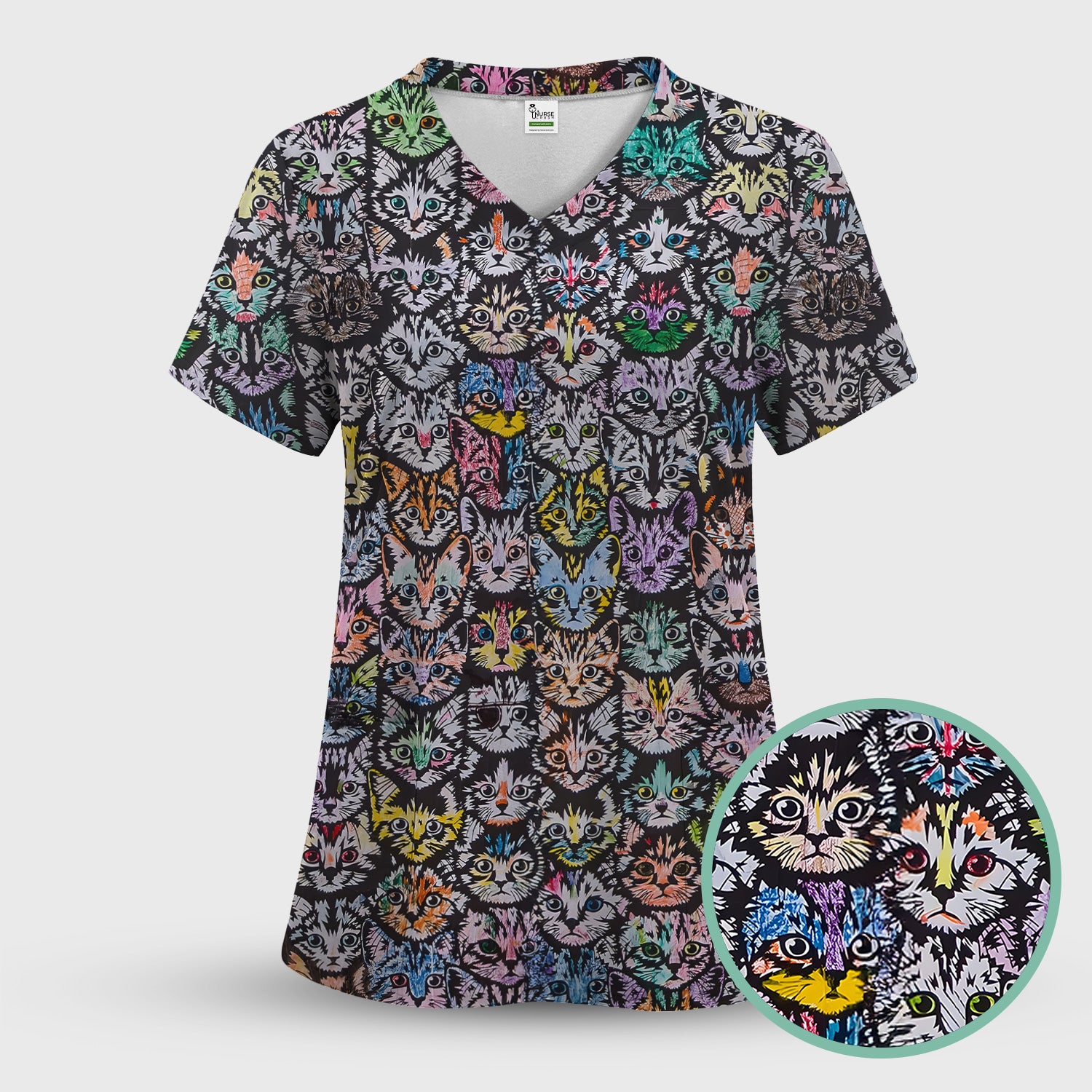 Colorful Cat Faces Pattern Scrub Set, Artistic Kitty Portrait Print, Scrub Pants and V Neck Top