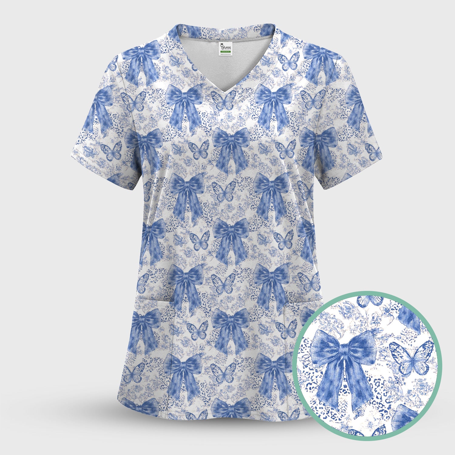 Blue Bow And Butterfly Vintage Floral Scrub Set, Scrub Pants and V Neck Top