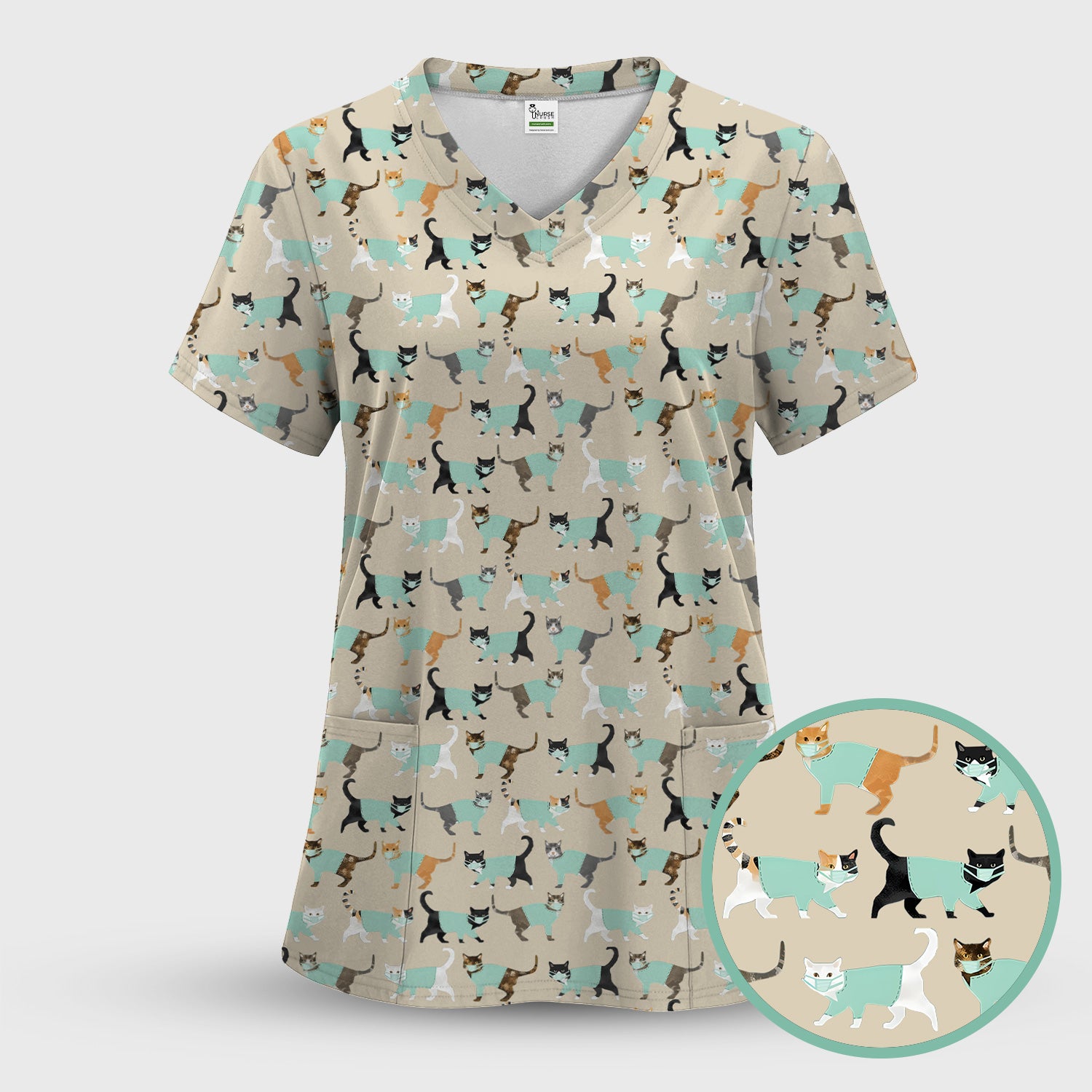 Playful Cat Nurse All Over Print Scrub Set, Scrub Pants and V Neck Top