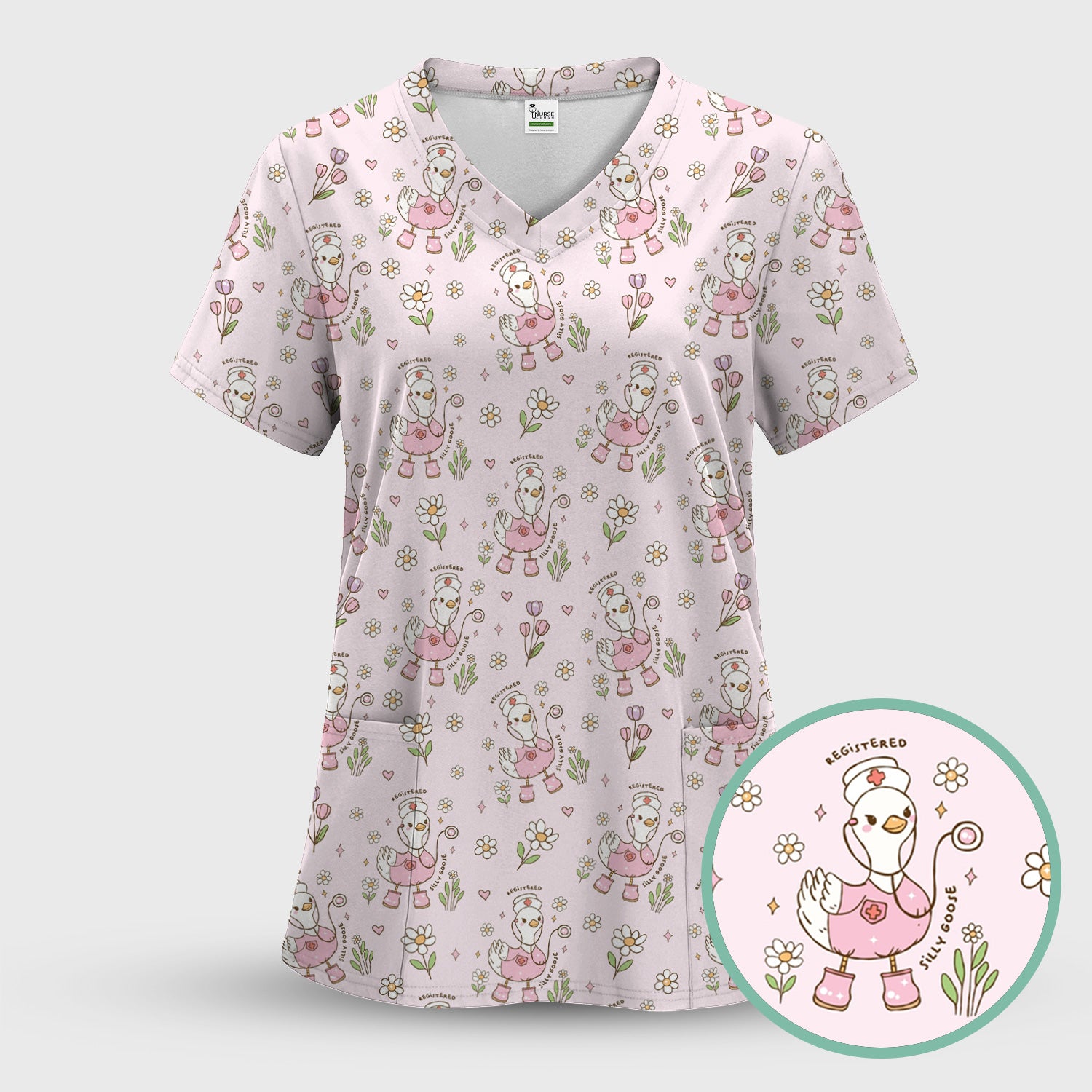 Funny Nurse Goose Daisy Print Scrub Top, Breathable Fabrics Nursing Uniform