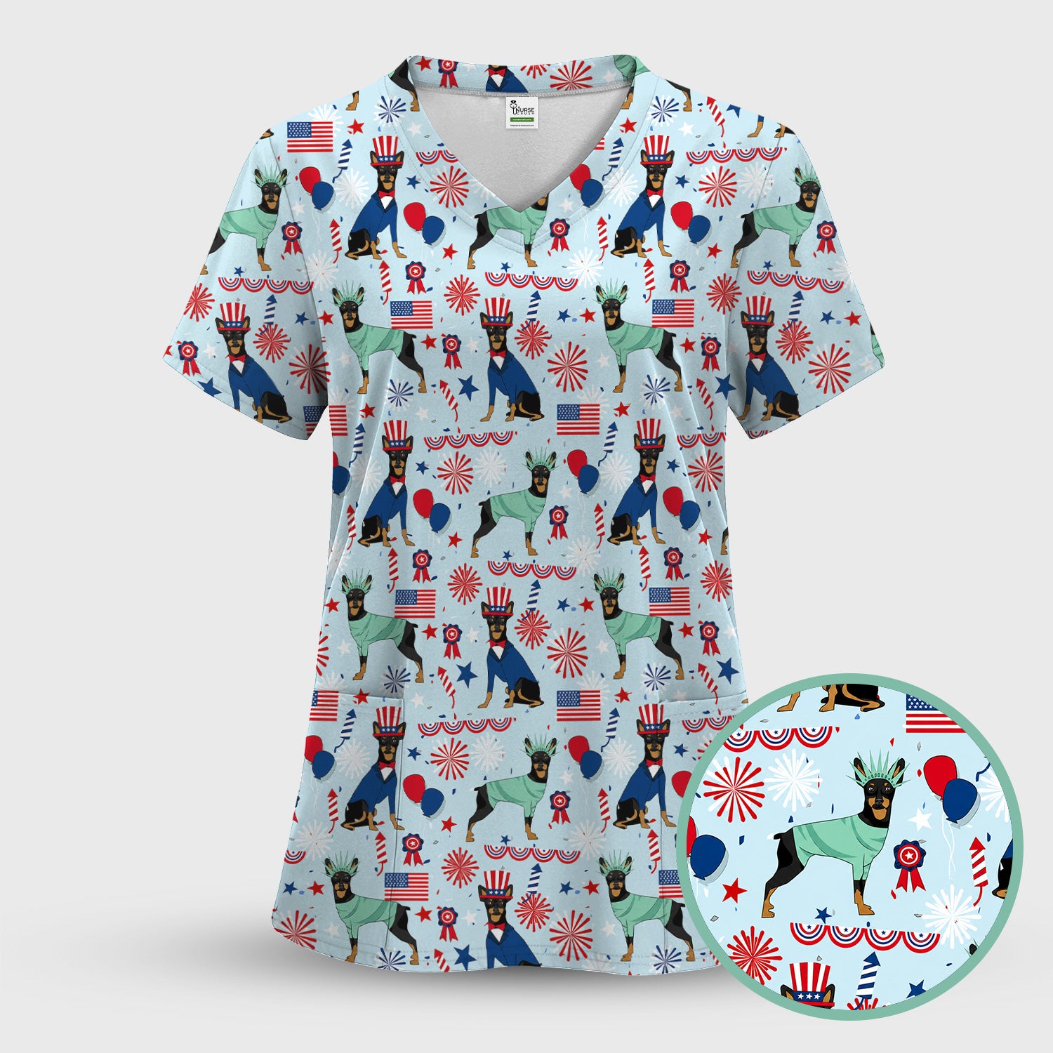Patriotic Doberman Liberty Fireworks Pattern Scrub Set, Scrub Pants and V Neck Top