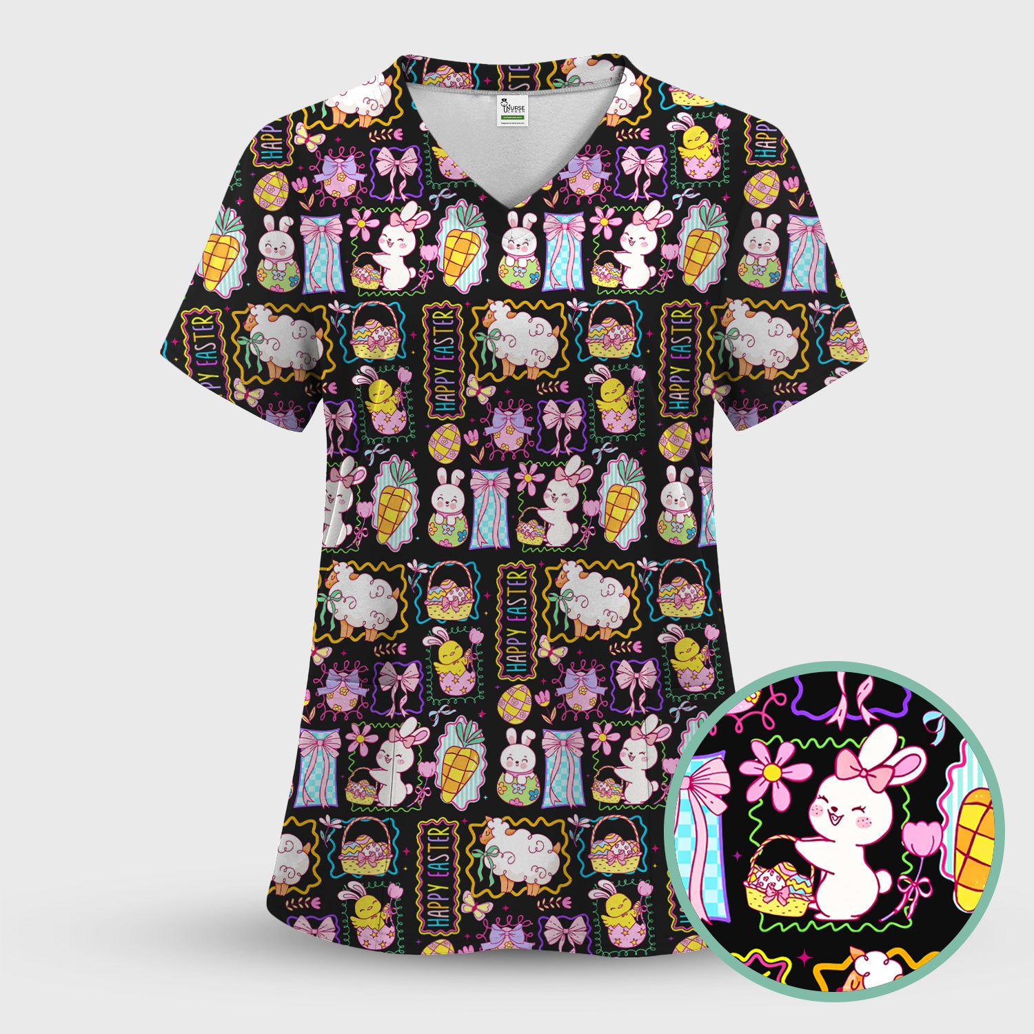 Cute Easter Bunny Egg and Bow Print Scrub Top, Breathable Fabrics Nursing Uniform