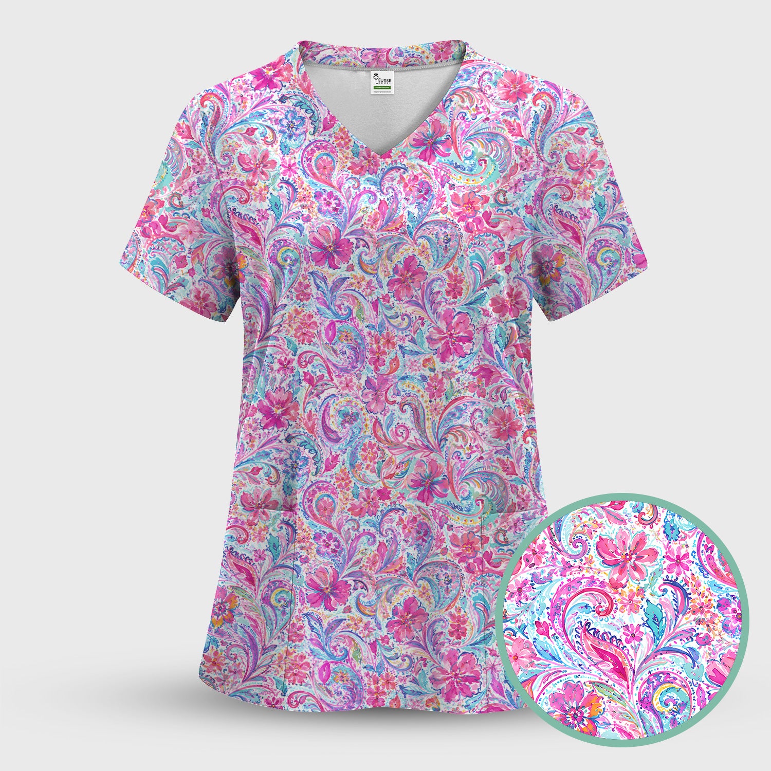 Elegant Pink Paisley Blossom Pattern Scrub Top, Comfortable Scrubs for Nurses
