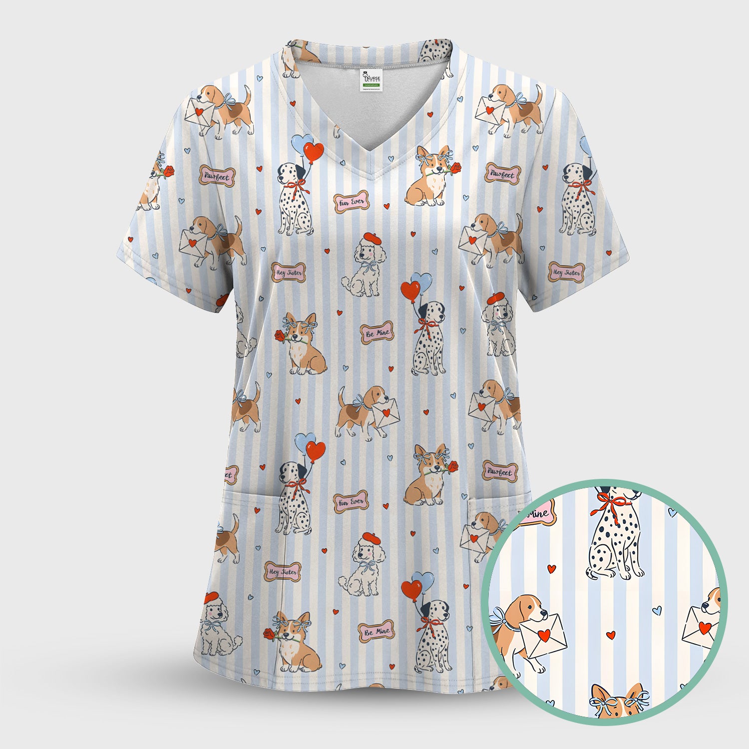 Valentine Puppy Heart Pattern Scrub Top, Comfortable Scrubs for Nurses