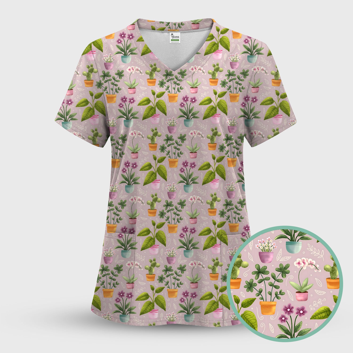Potted Plant Orchid Cactus Pattern Scrub Top, Comfortable Scrubs for Nurses