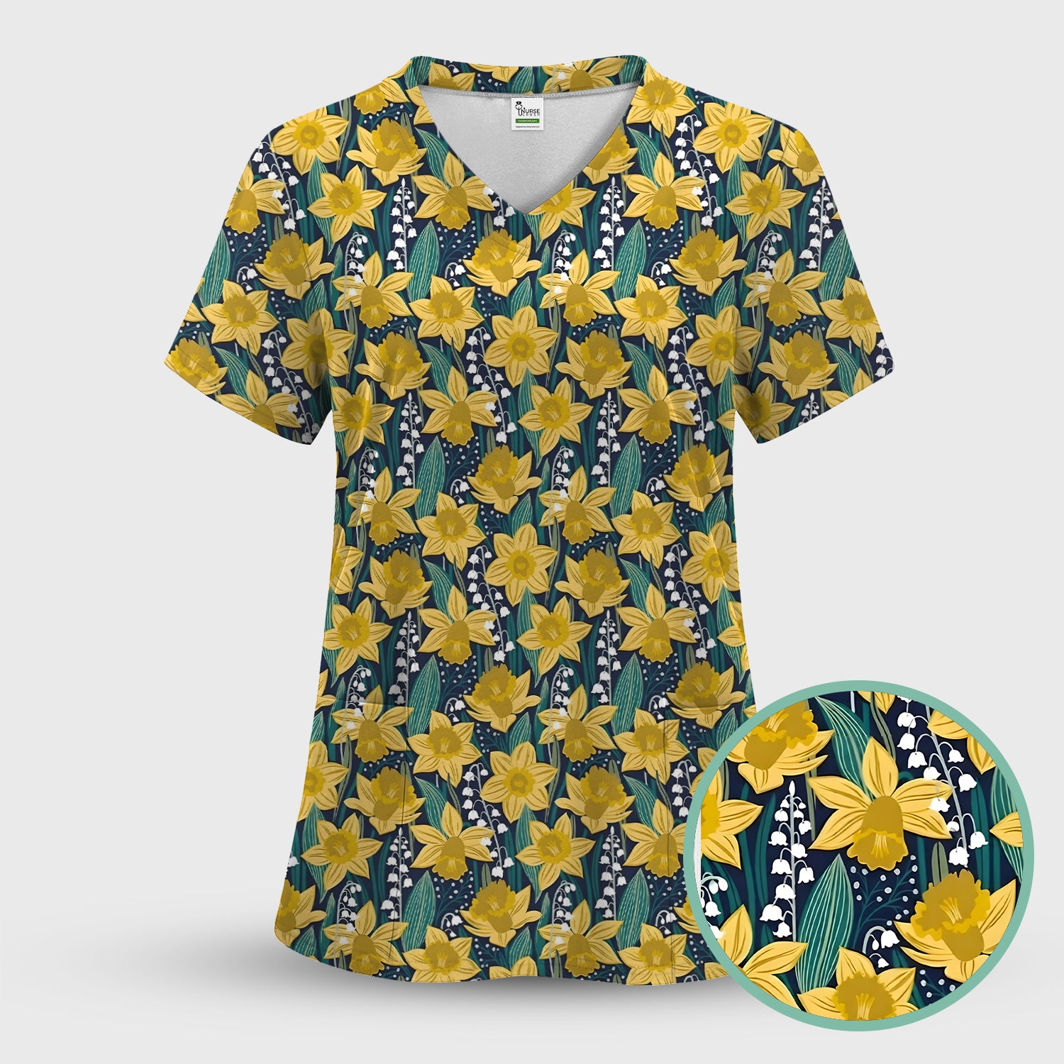 Yellow Daffodil Lily Valley Pattern Scrub Top, Comfortable Scrubs for Nurses