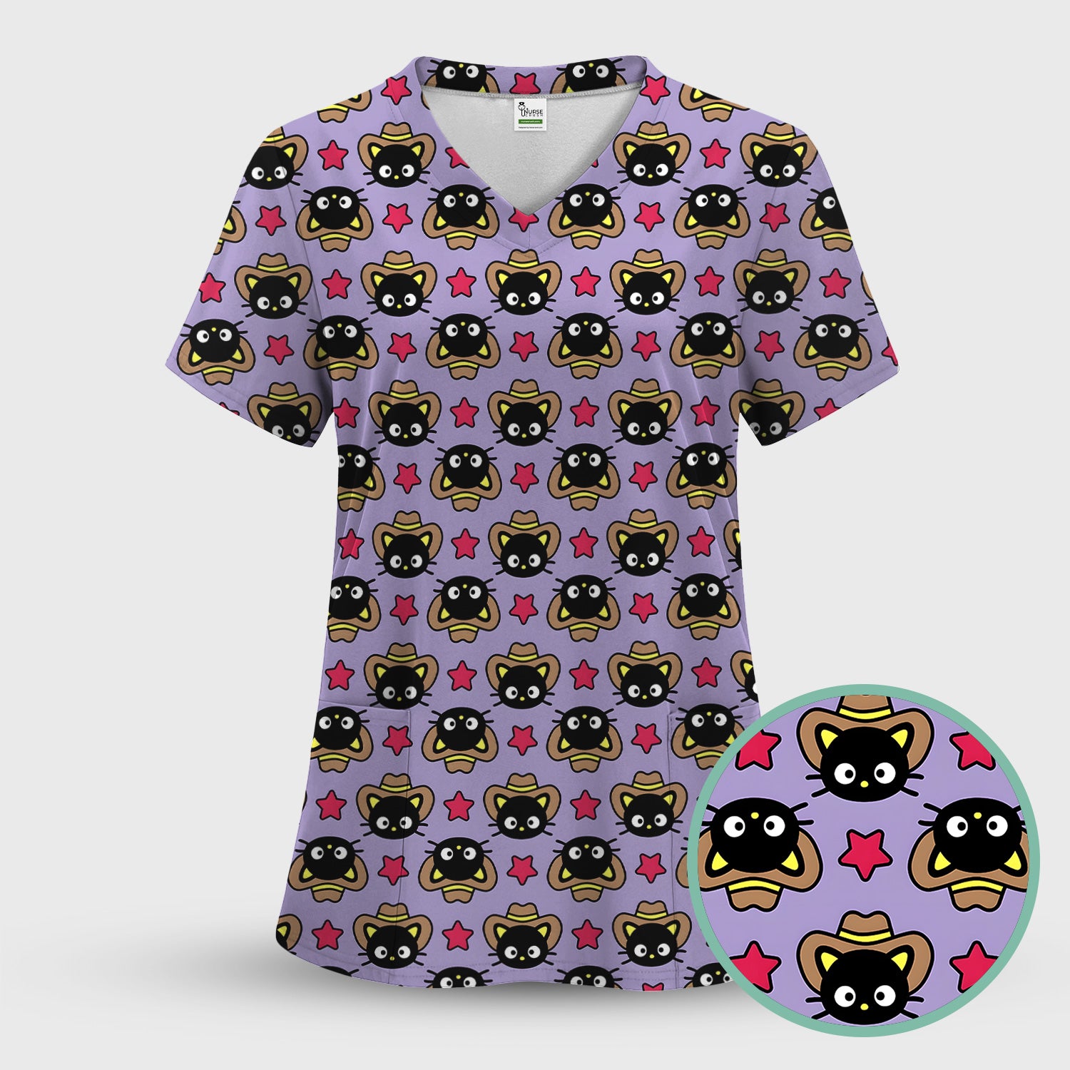 Cute Cartoon Cowboy Cat PatternScrub Top, Comfortable Scrubs for Nurses