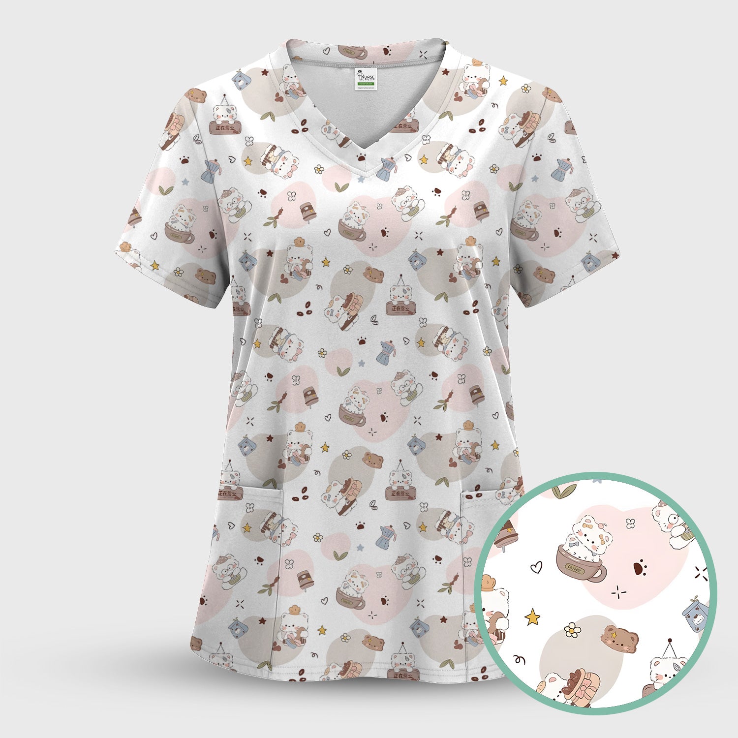 Cute Cat With Coffee Paw Heart Pattern Scrub Set, Scrub Pants and V Neck Top