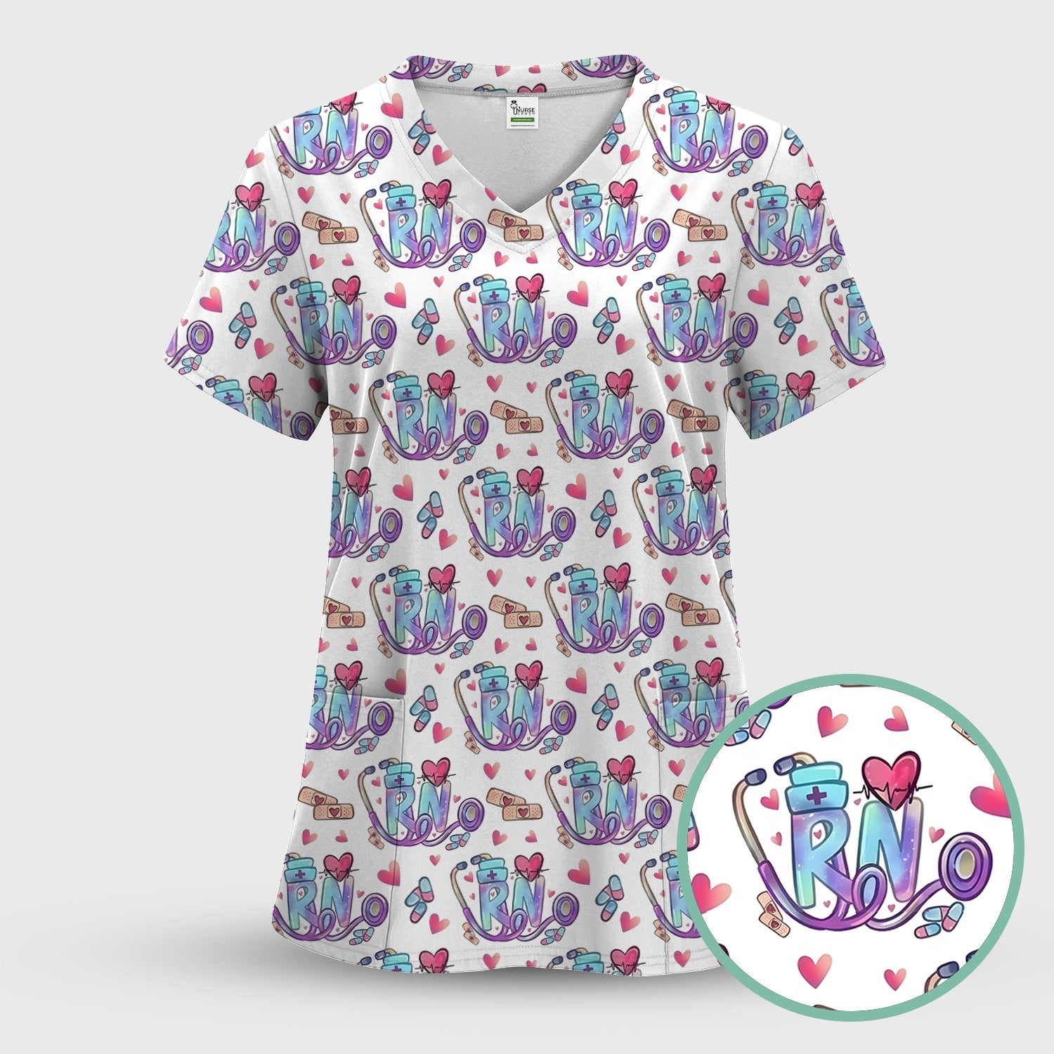 Nurse Life RN Heart Pattern Scrub Set, Scrub Pants and V Neck Top
