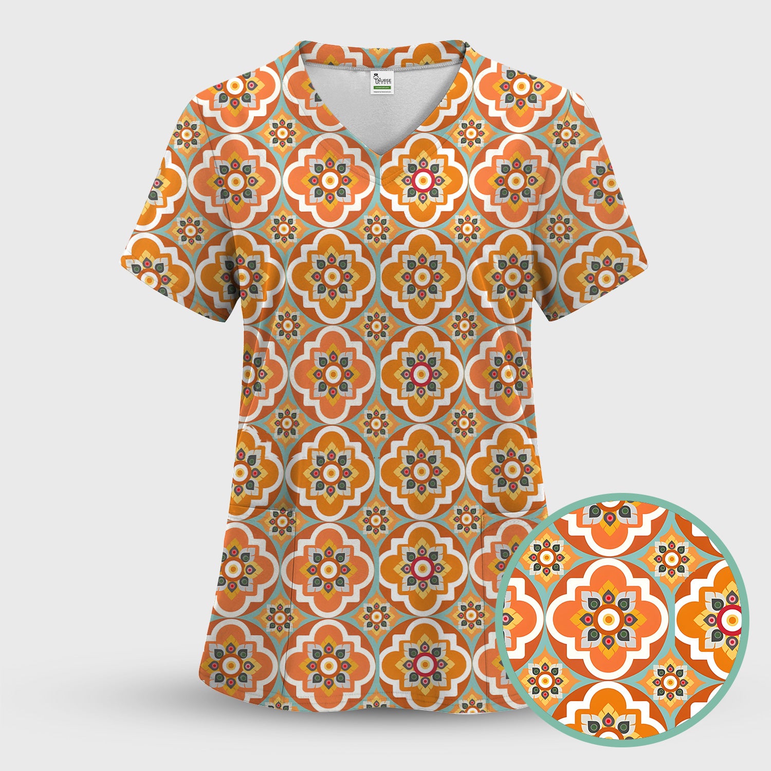 Orange Retro Geometric Floral Pattern Scrub Set, Scrub Pants and V Neck Top
