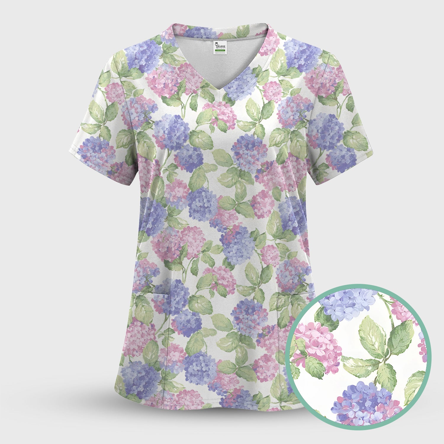 Soft Pastel Watercolor Hydrangea Floral Pattern Scrub Top, Comfortable Scrubs for Nurses