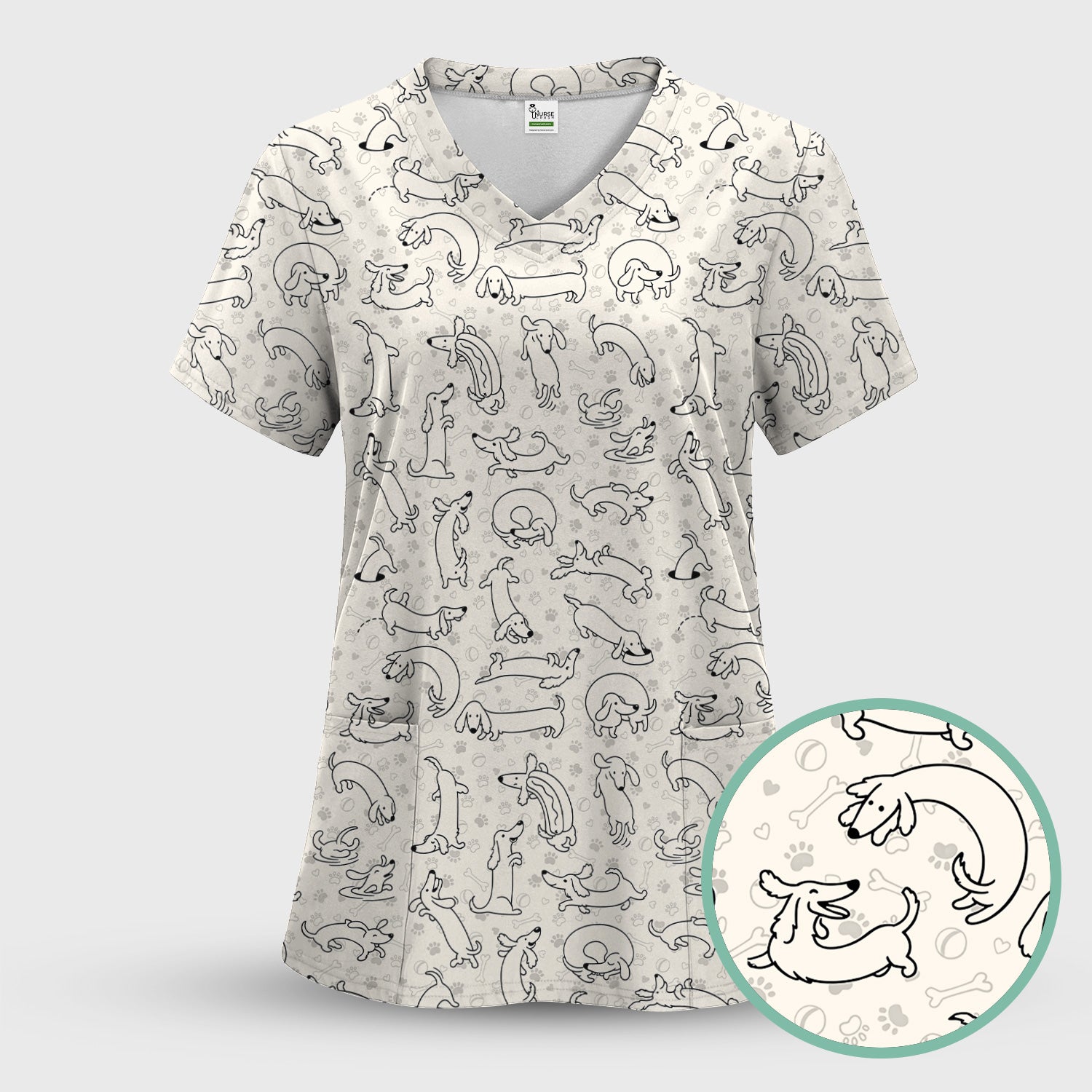 Playful Dachshund Dog Line Art Print Scrub Top, Comfortable Scrubs for Nurses