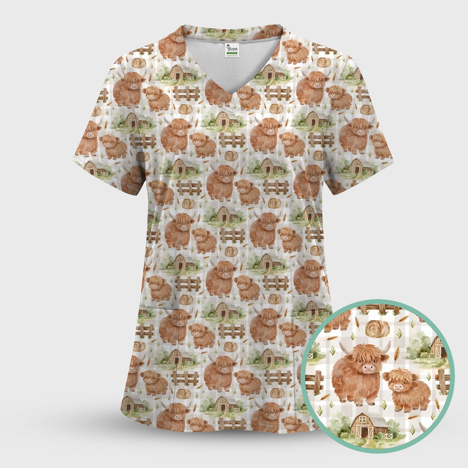 Cute Highland Cow With Farm Barn Fence Scrub Top, Comfortable Scrubs for Nurses