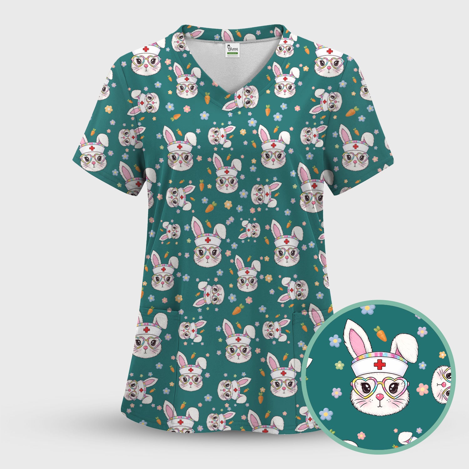 Cute Easter Bunny Nurse Pattern Scrub Set, Scrub Pants and V Neck Top