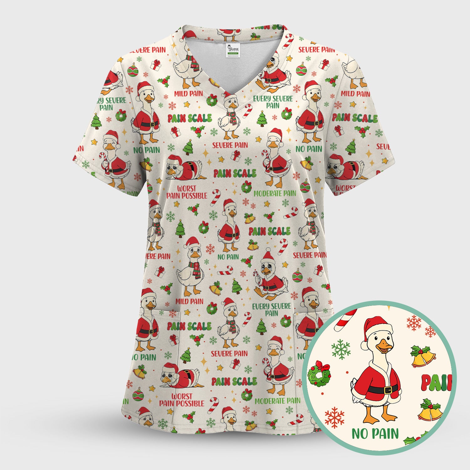 Funny Goose Christmas Scrub Top - Pain Scale Nurse Pattern Shirt - Cute Holiday Medical Scrubs for Women