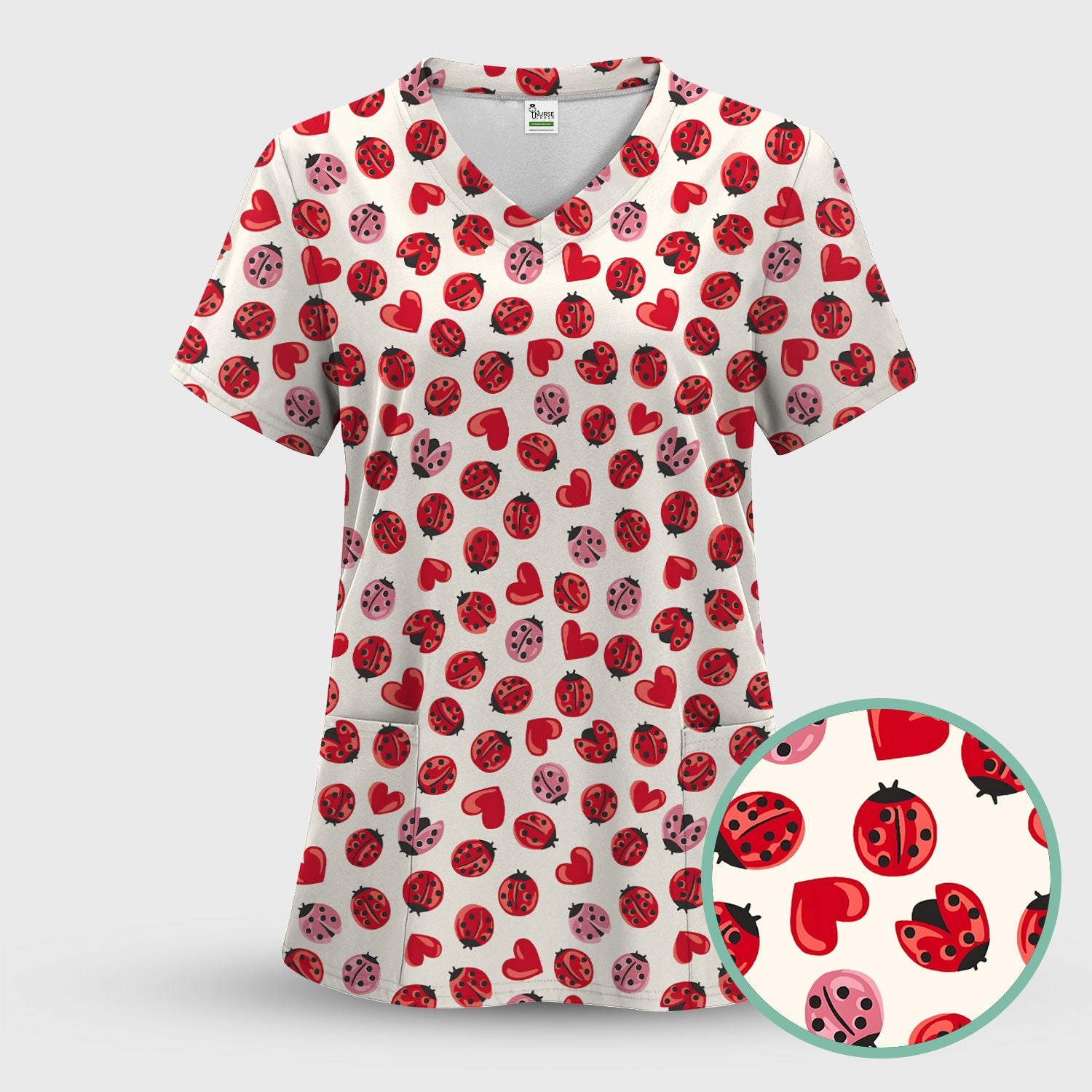 Cute Ladybug and Red Heart All Over Print Scrub Top, Comfortable Scrubs for Nurses