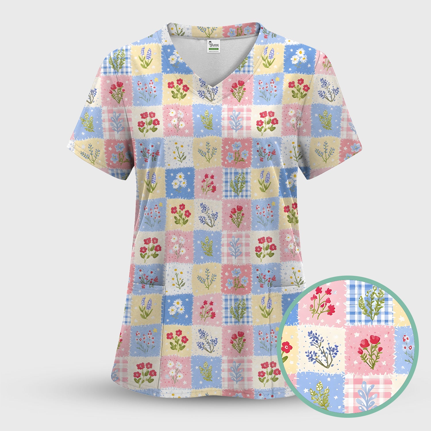 Pastel Patchwork Wildflower Garden Print Scrub Top, Comfortable Scrubs for Nurses