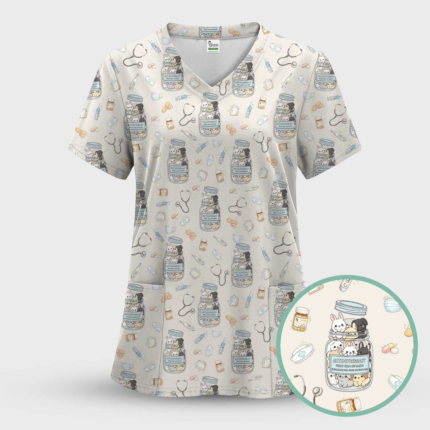 Whimsical Antidepressant Rabbit Jar Design Nurse Scrub Top, Soft & Breathable Workwear