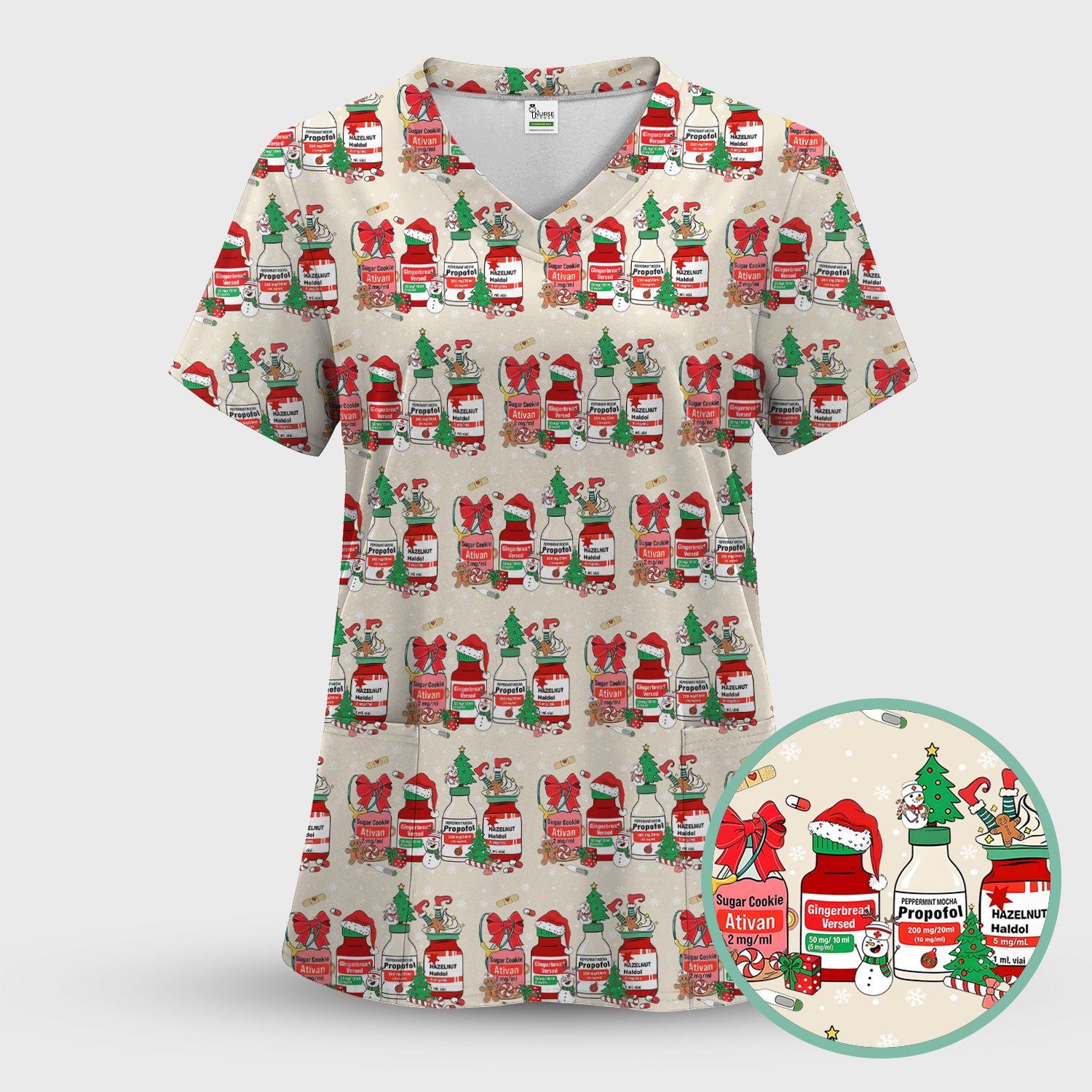 Funny Christmas Medication Scrub Top – Festive Holiday Pharma Bottles Pattern – Playful Medical Uniform for Nurses, Pharmacists & Healthcare Workers