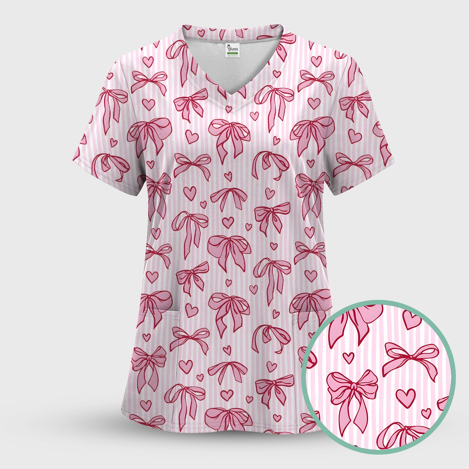 Pink Bow Heart Stripe Pattern Scrub Set, Scrub Pants and V Neck Top