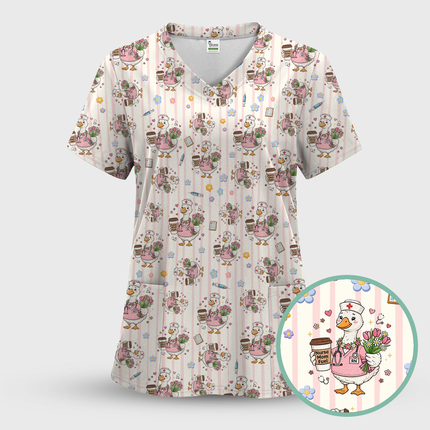 Cartoon Nurse Goose Pattern Scrub Top, Comfortable Scrubs for Nurses