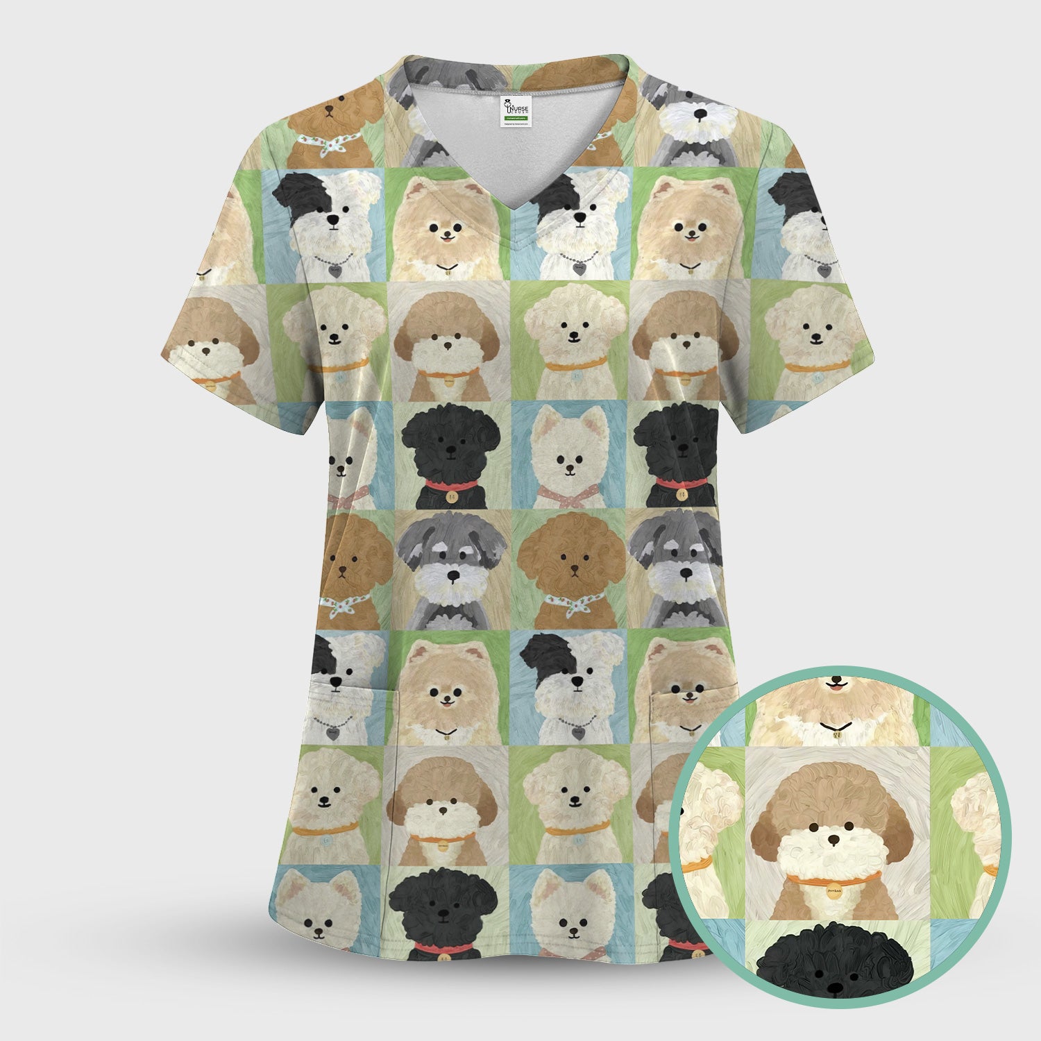 Adorable Different Dog Breeds Pattern Scrubs Top, Breathable Fabrics Nursing Uniform