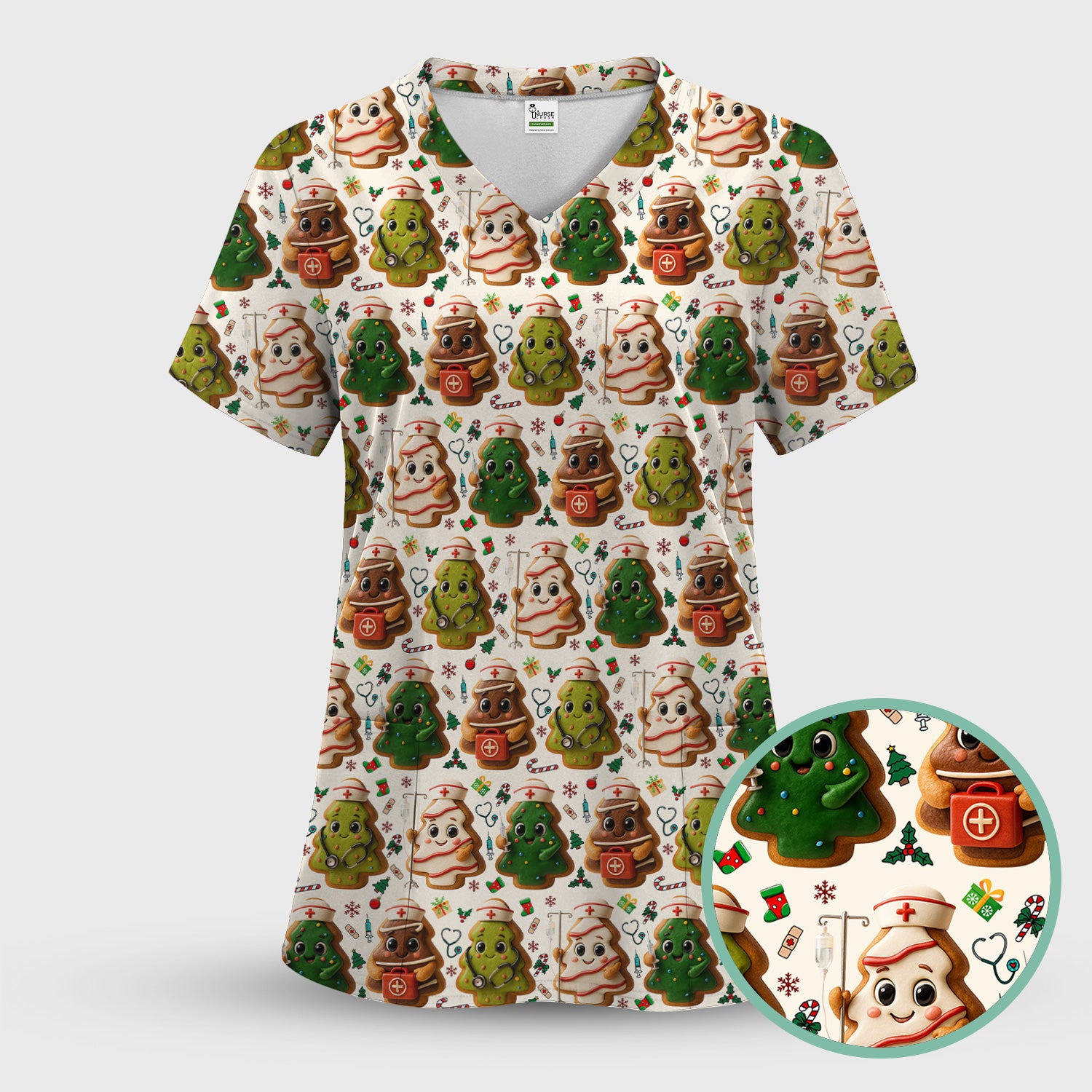 Christmas Cookie Scrub Top – Festive Nurse & Holiday Tree Pattern – Cute Medical Uniform for Nurses, Vets and Healthcare Workers